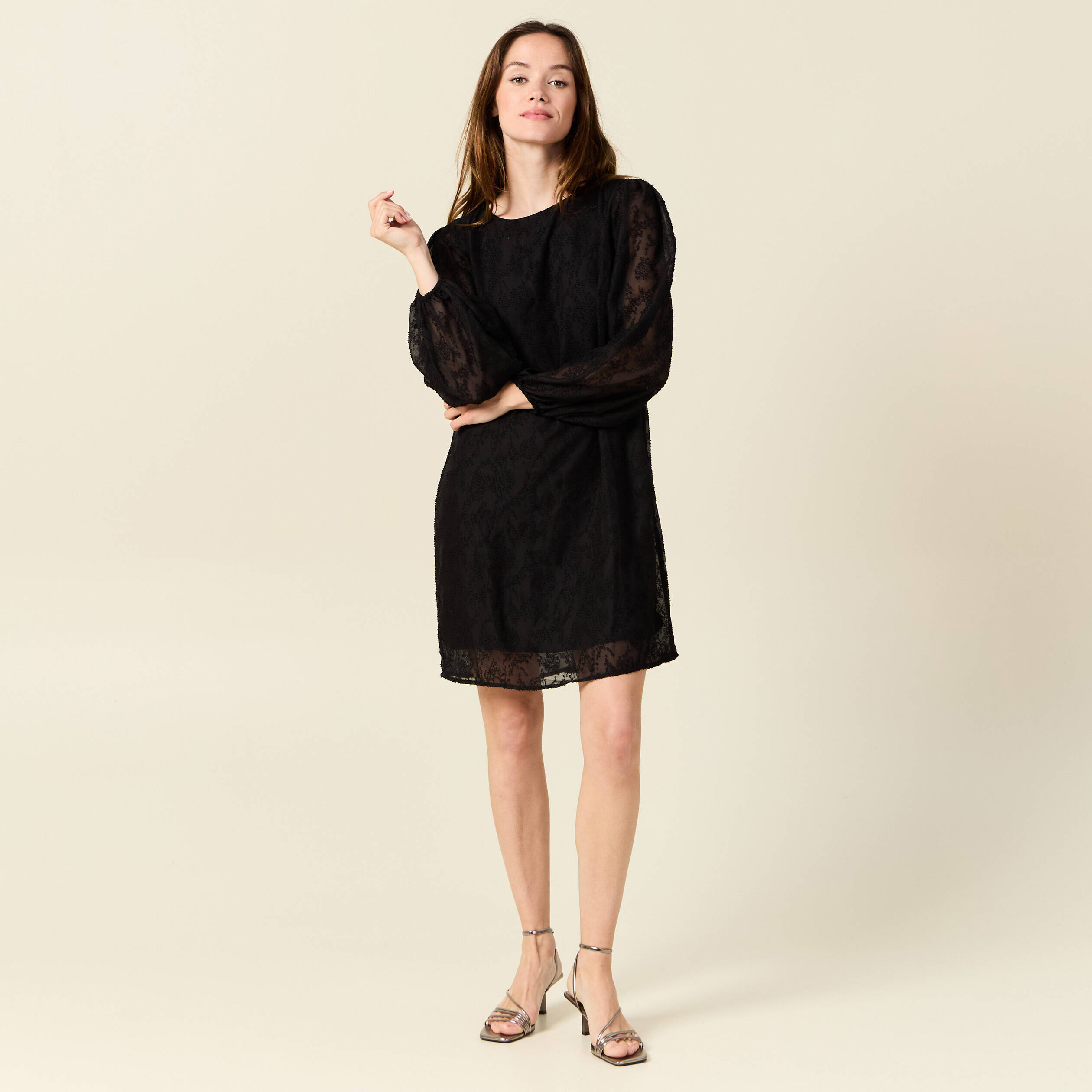 Robe droite manches longues noir femme