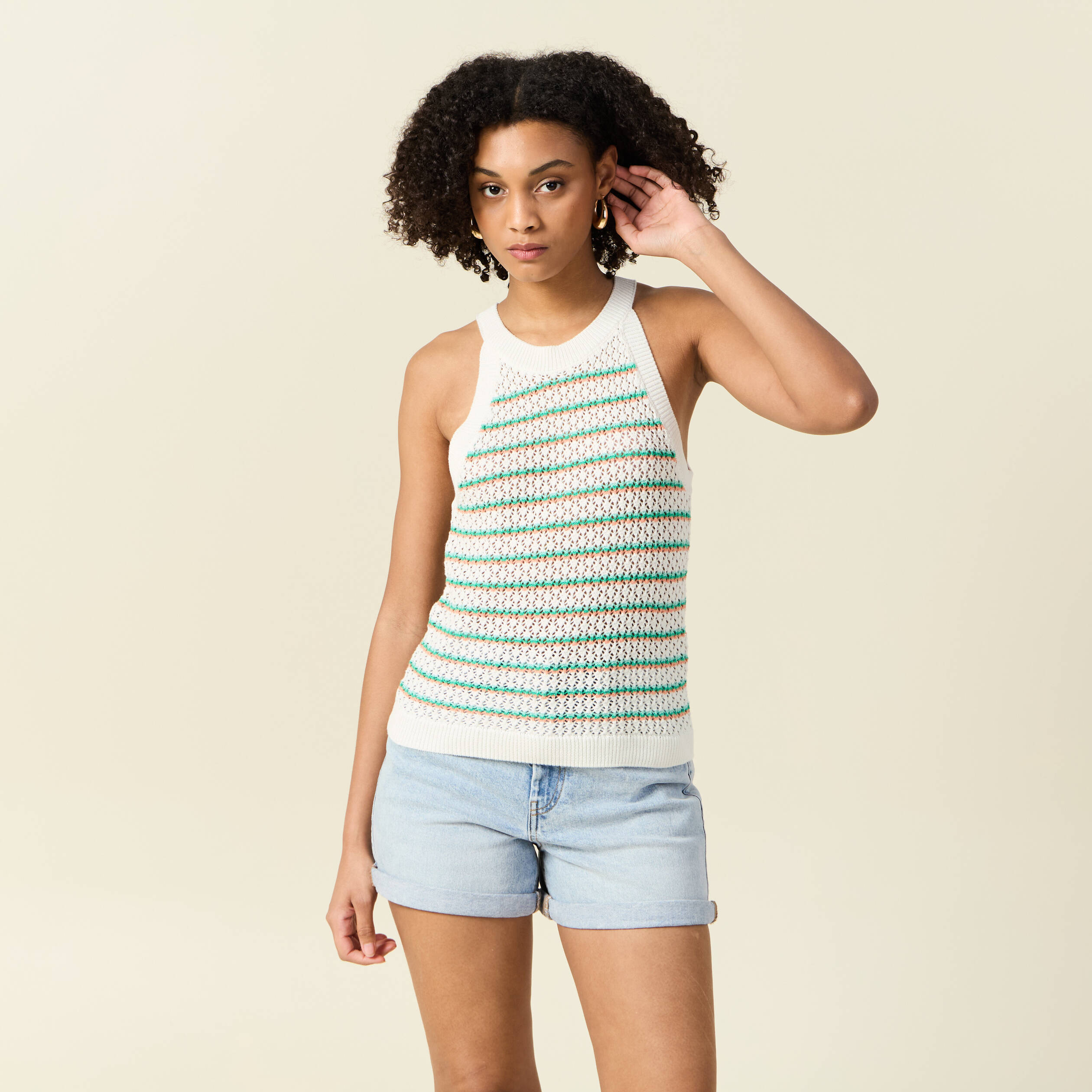 debardeur tricot ajoure blanc femme Débardeur tricot ajouré blanc femme