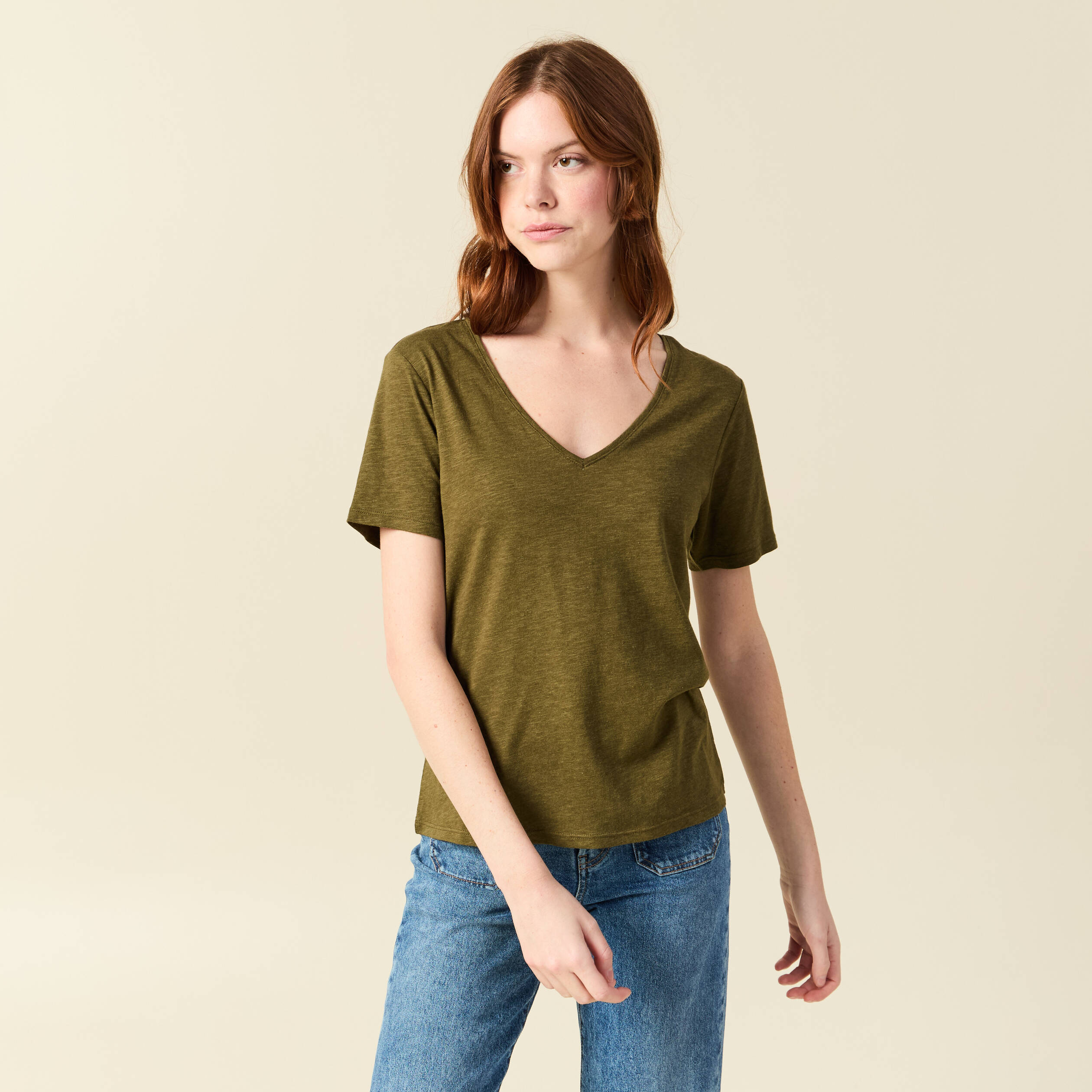T-shirt manches courtes vert olive femme