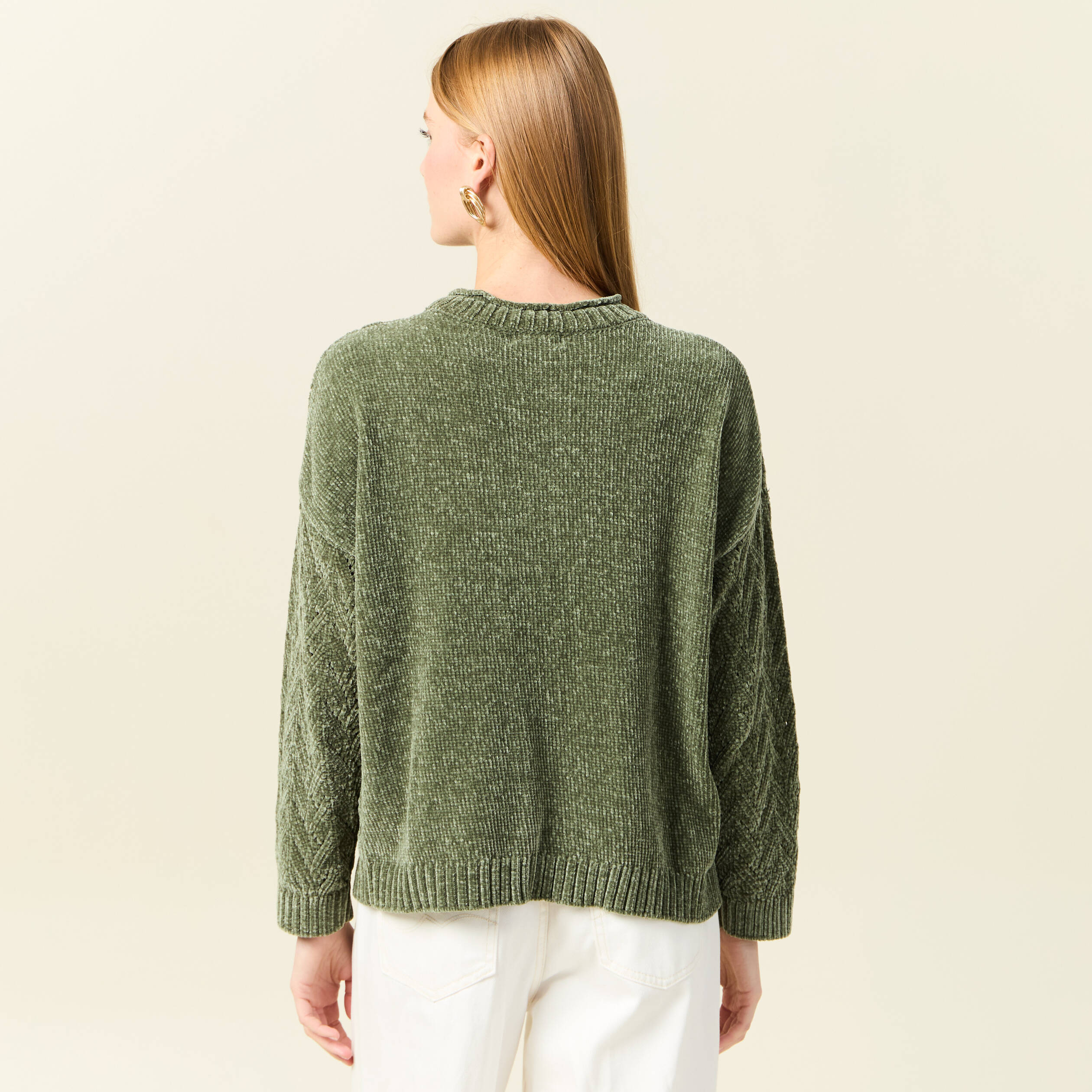 Pull manches longues ajouré vert kaki femme