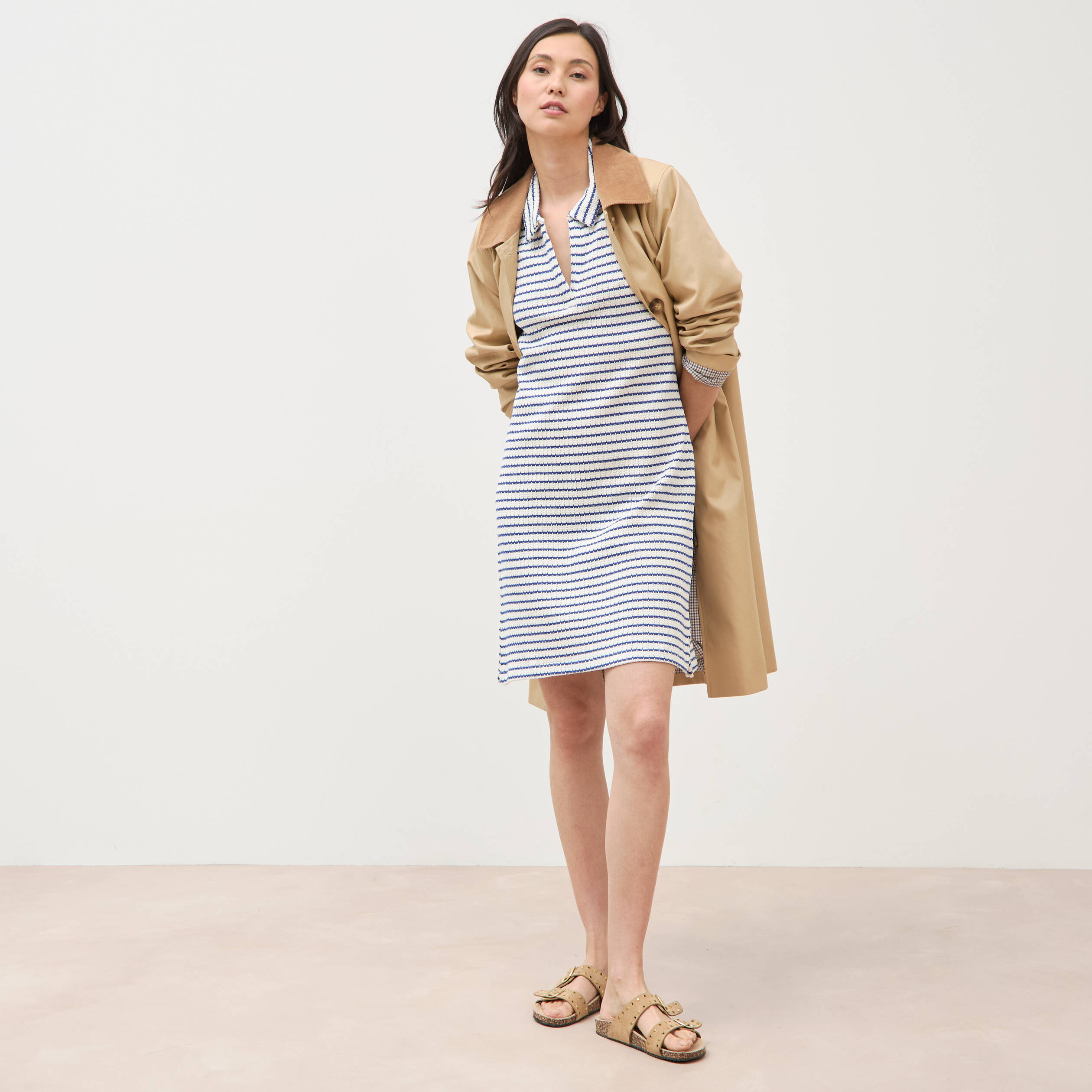 Robe manches courtes en maille ecru femme