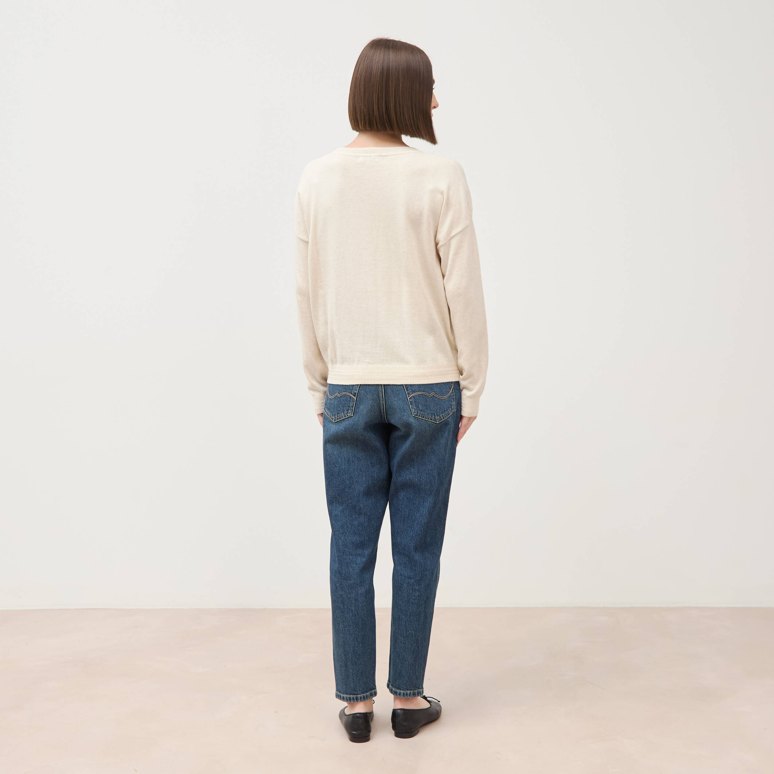 Pull oversize col rond manches longues creme femme