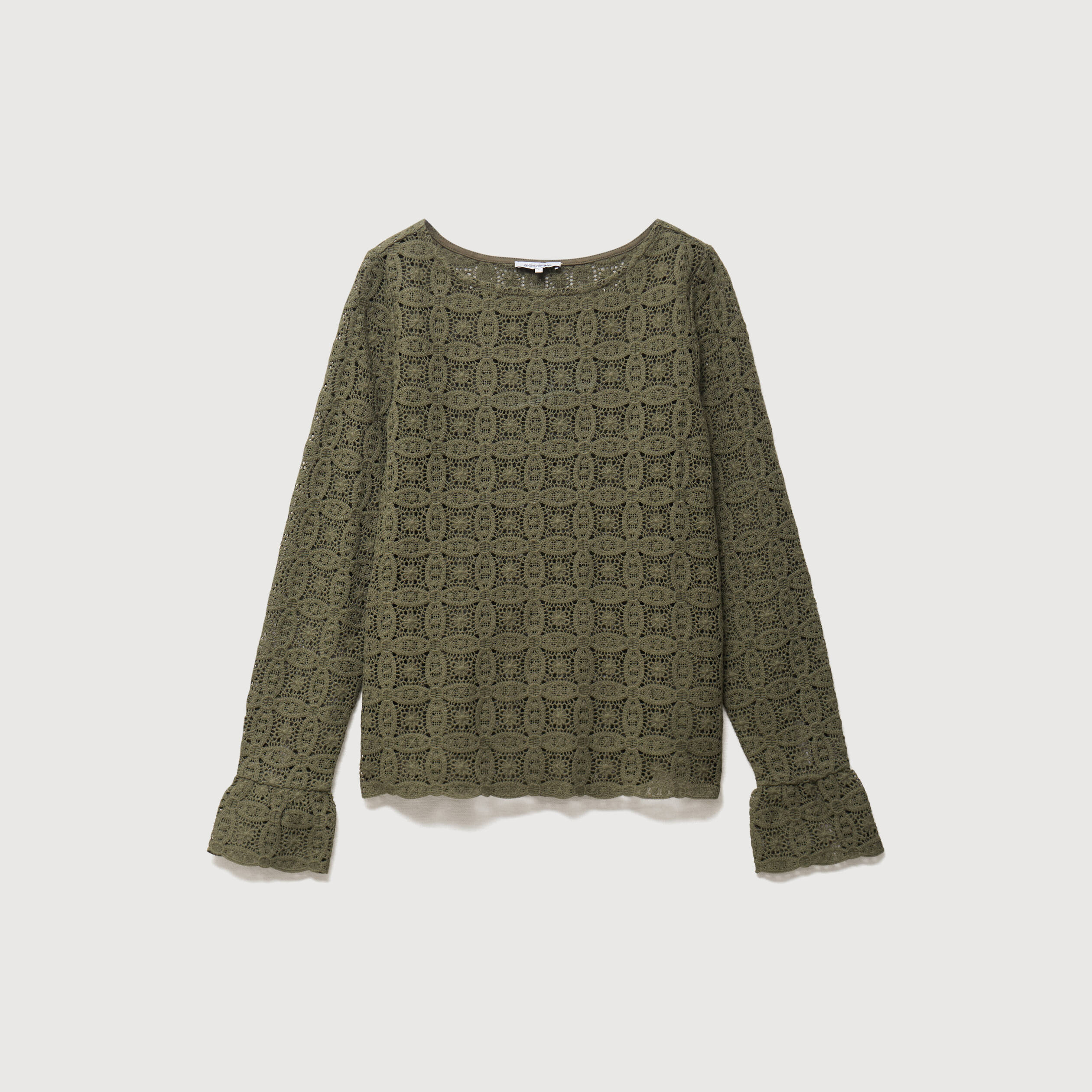 T-shirt manches longues en dentelle vert kaki femme