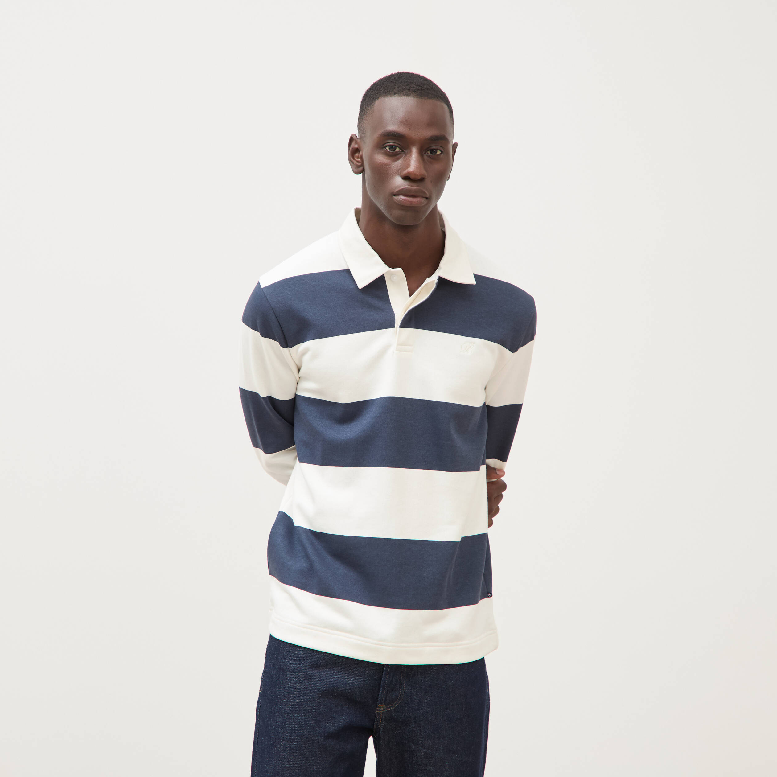 Polo manches longues broderie bleu marine homme