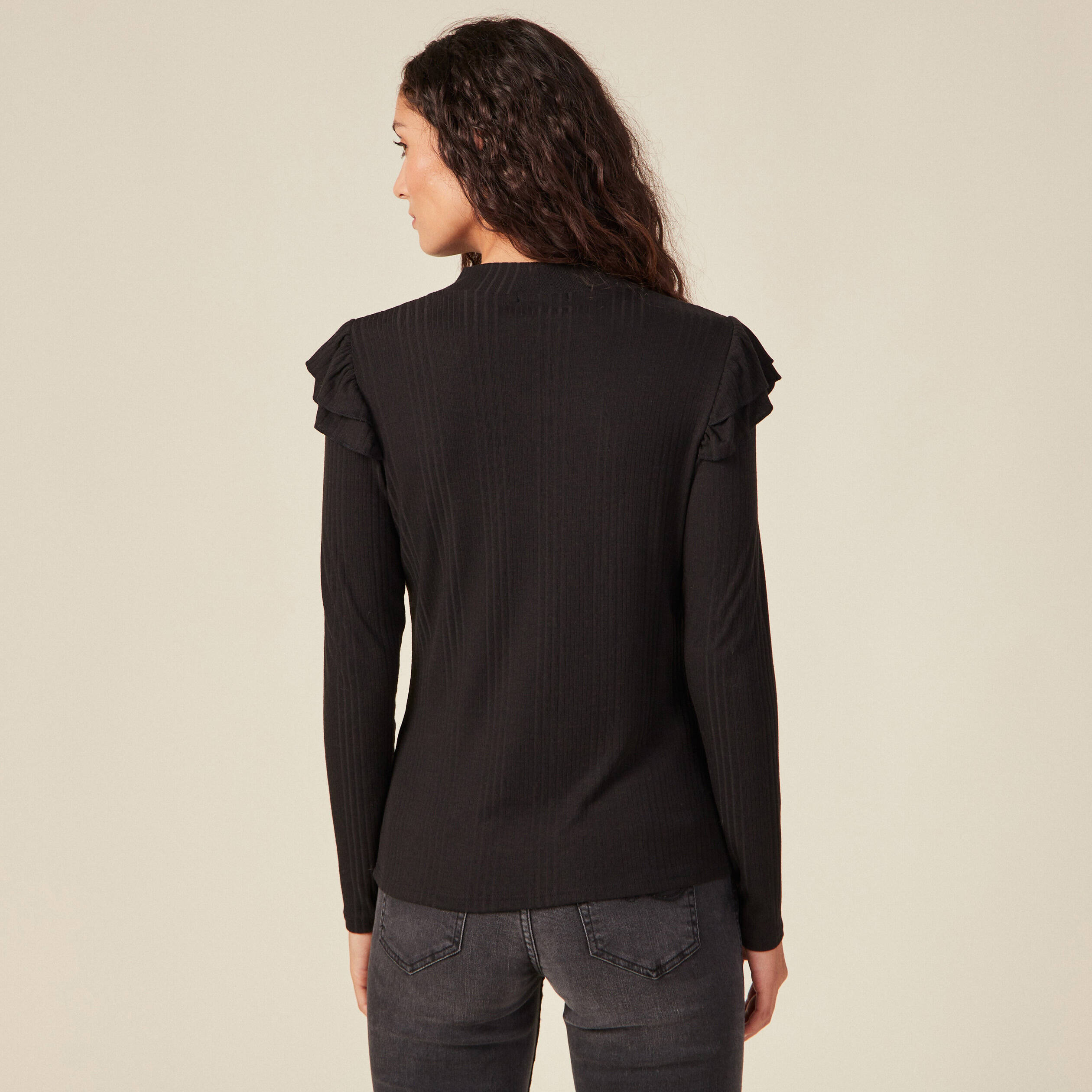 T-shirt manches longues côtelé noir femme