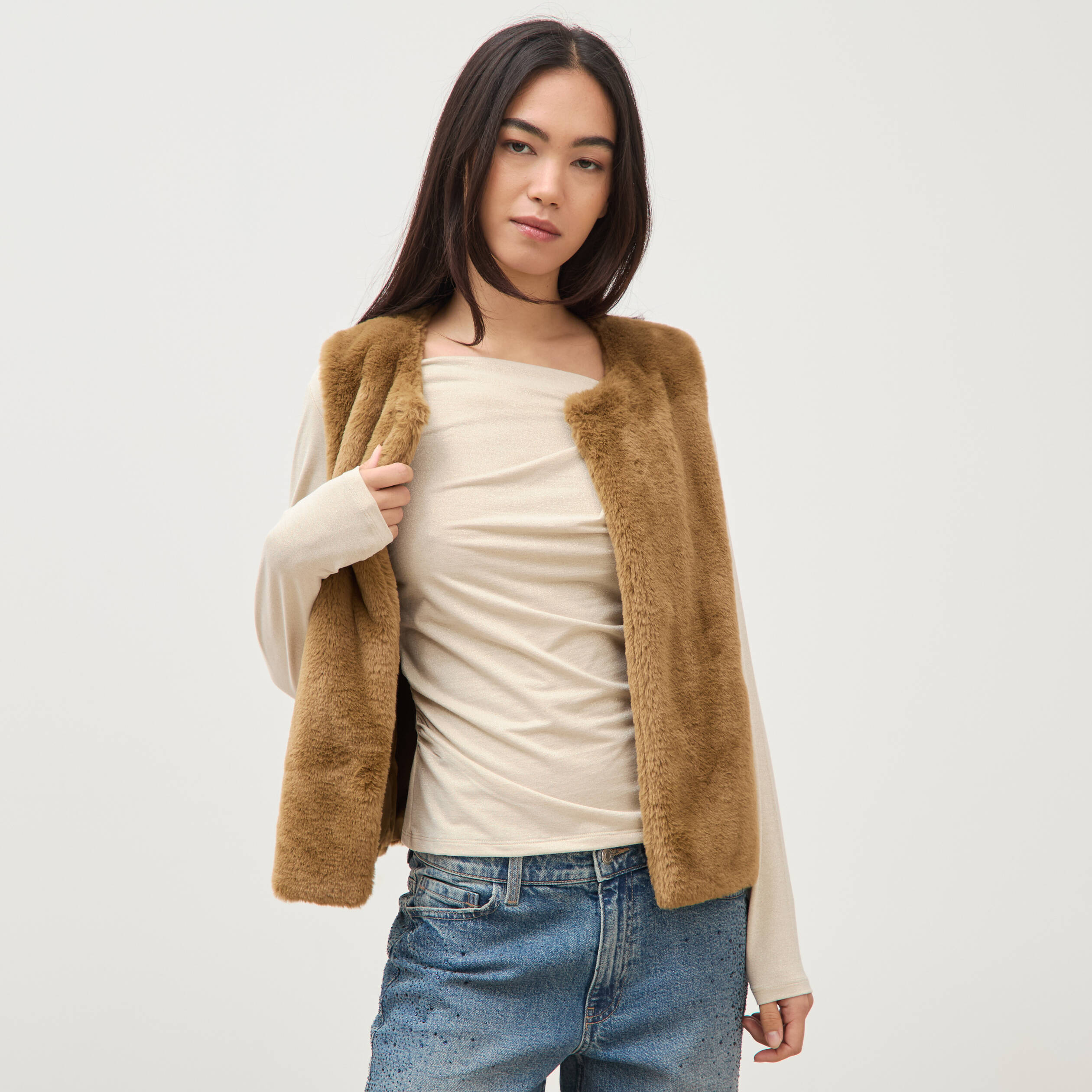 Gilet sans manches doubl&eacute; camel femme
