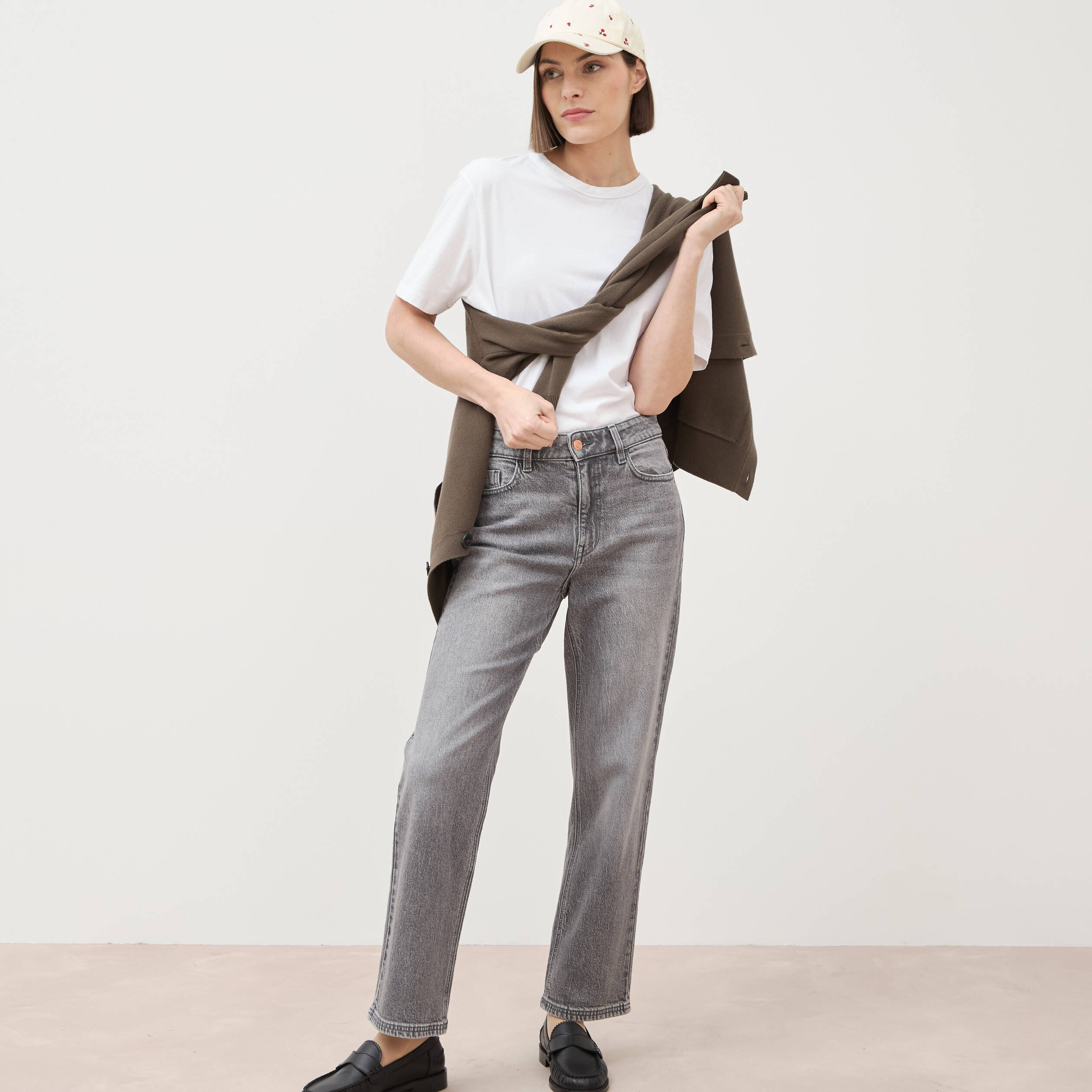 Jeans straight 7/8&egrave;me taille haute denim gris femme