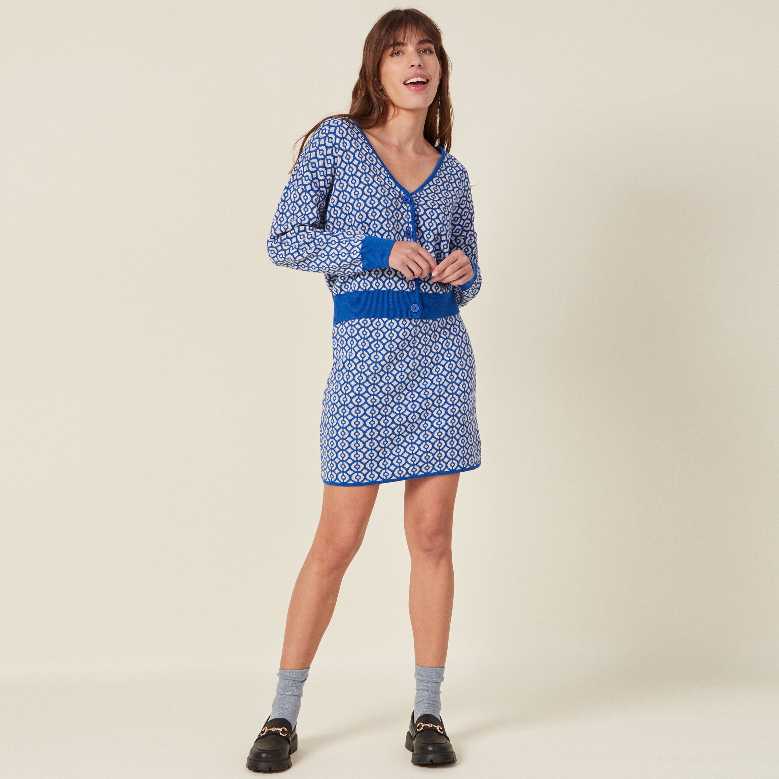 Jupe droite tricot&eacute;e bleu femme