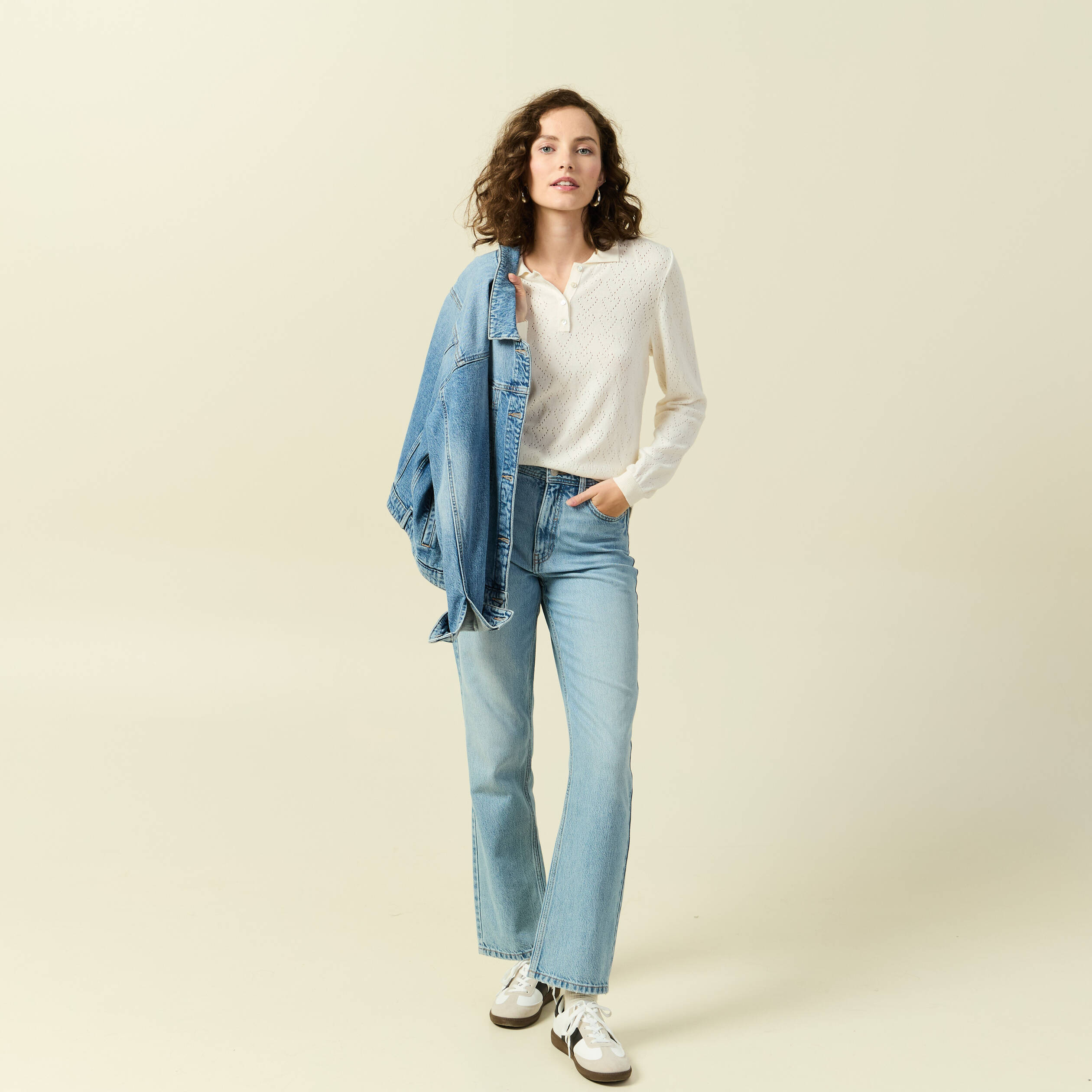 Pull ajouré manches longues en coton ecru femme
