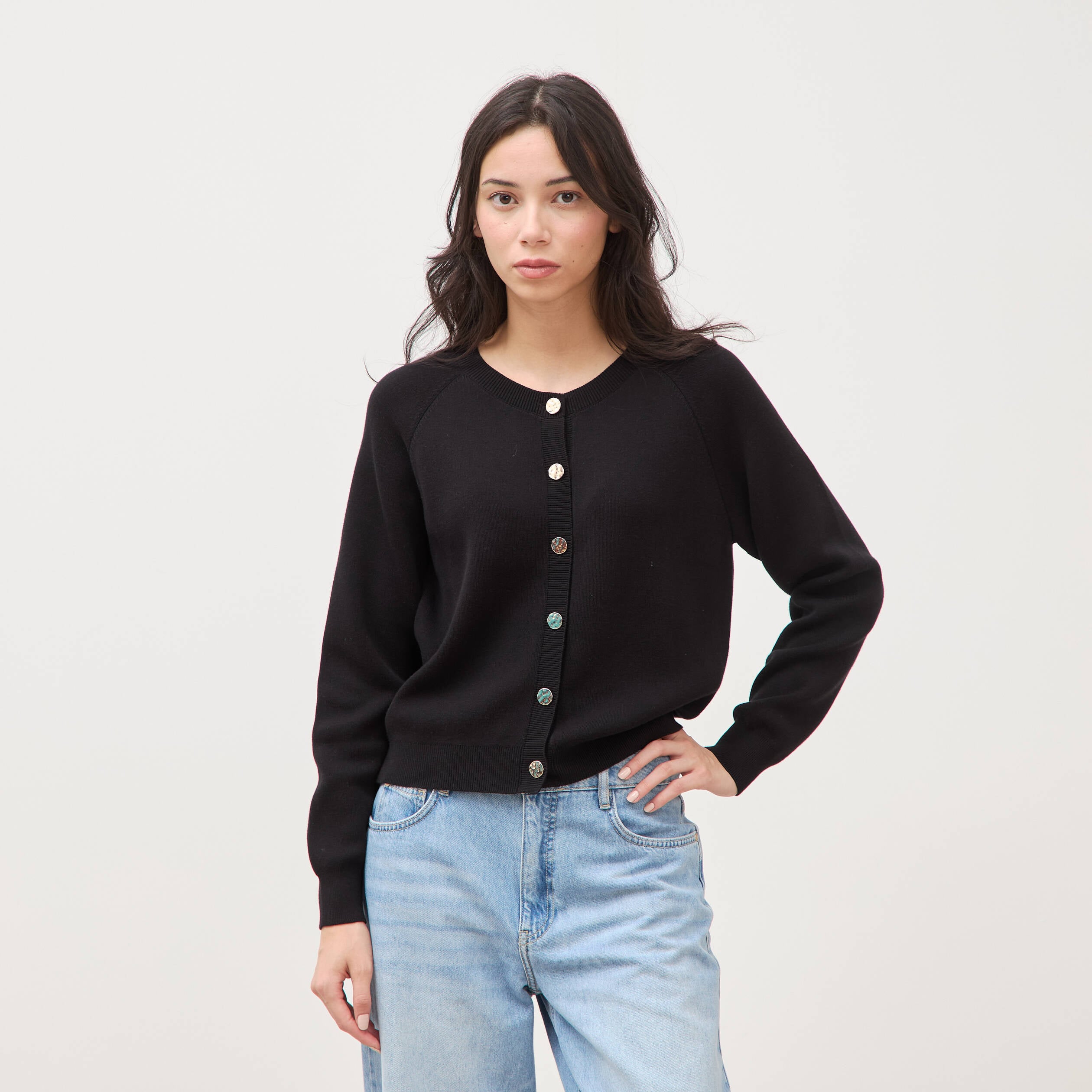 Gilet manches longues col rond en coton noir femme