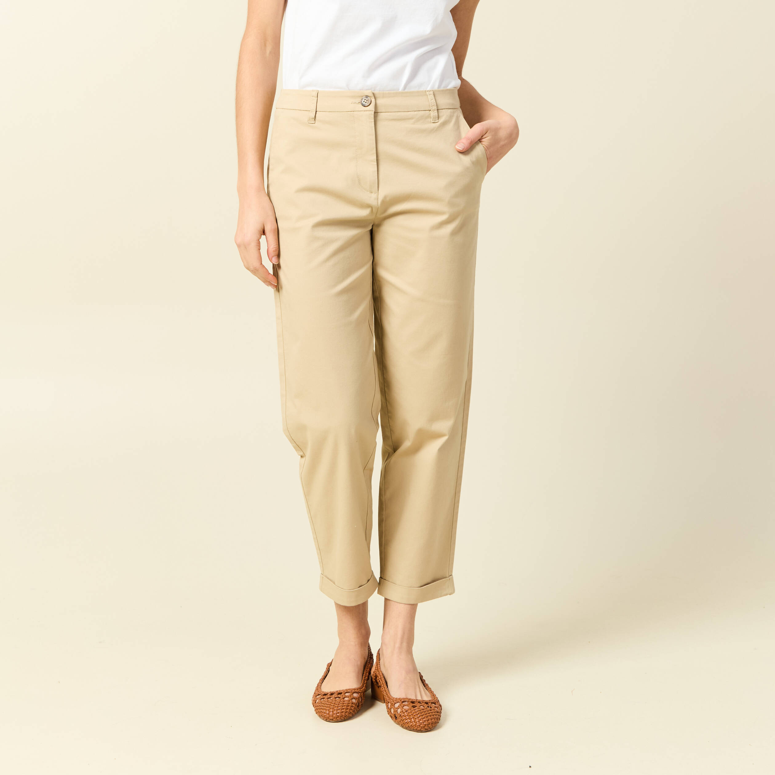Pantalon taille haute fluide marron clair femme