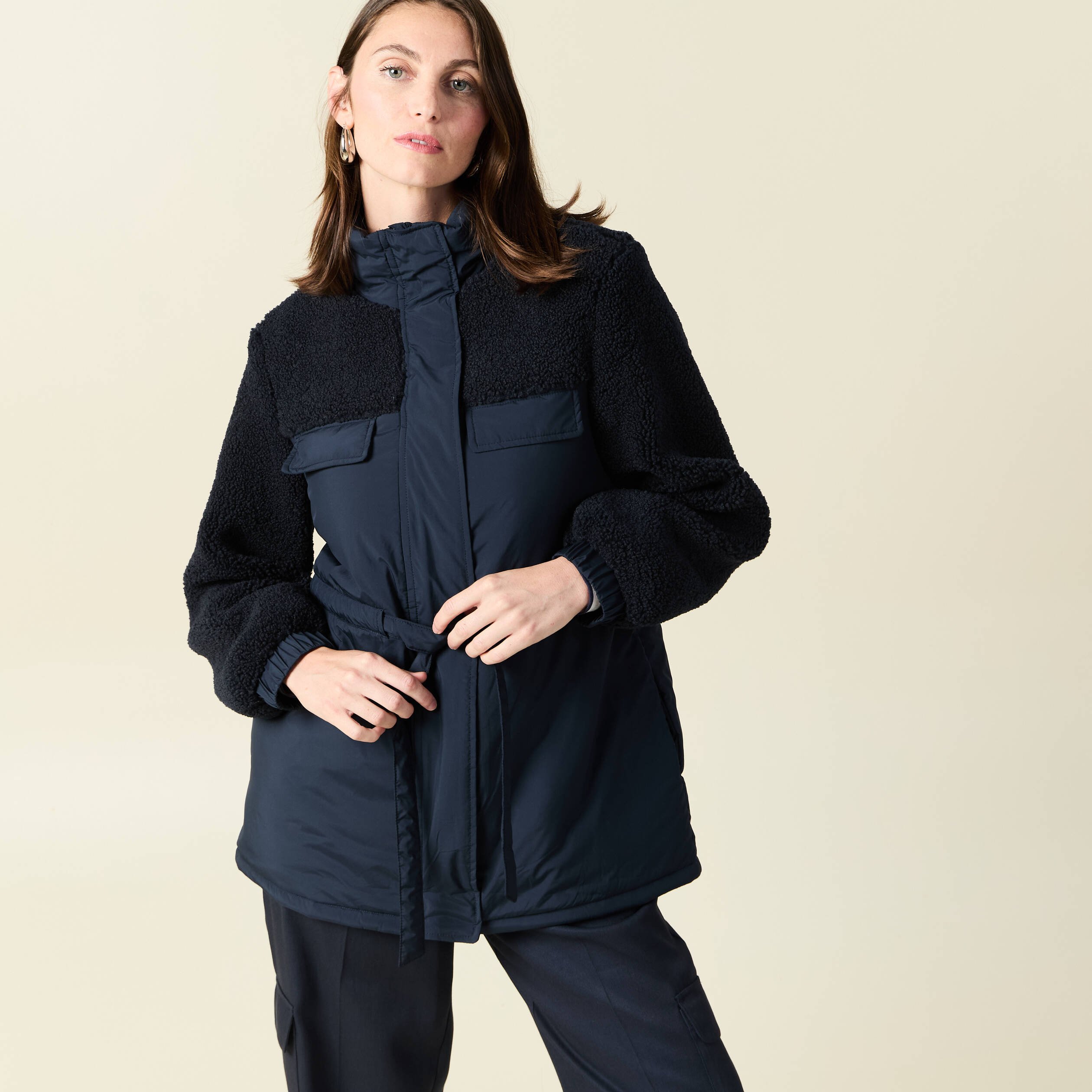 manteau manches sherpa bleu marine femme Manteau manches sherpa bleu marine femme