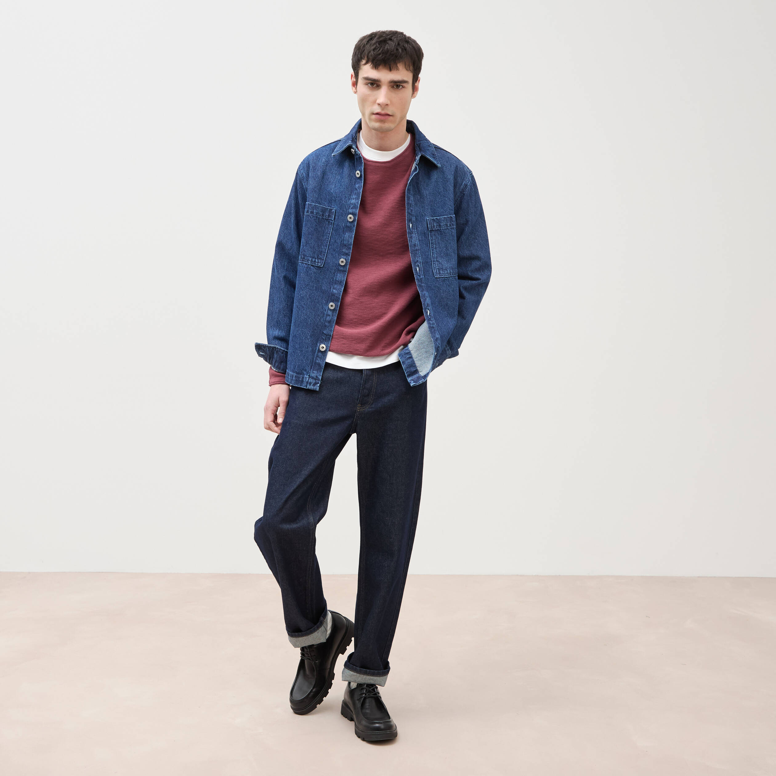 Pull fin en coton manches longues vieux rose homme