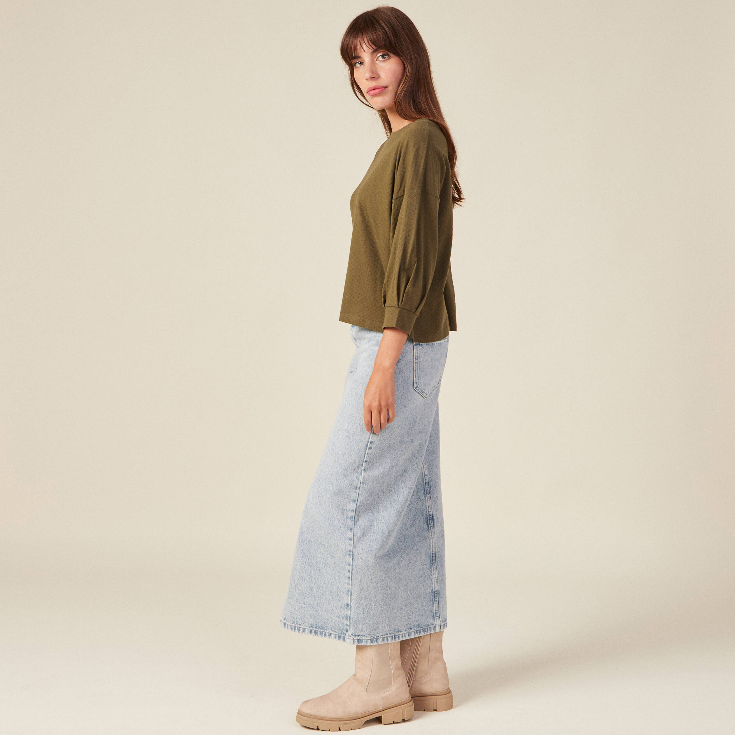 t shirt manches 34 vert kaki femme T-shirt manches 3/4 vert kaki femme