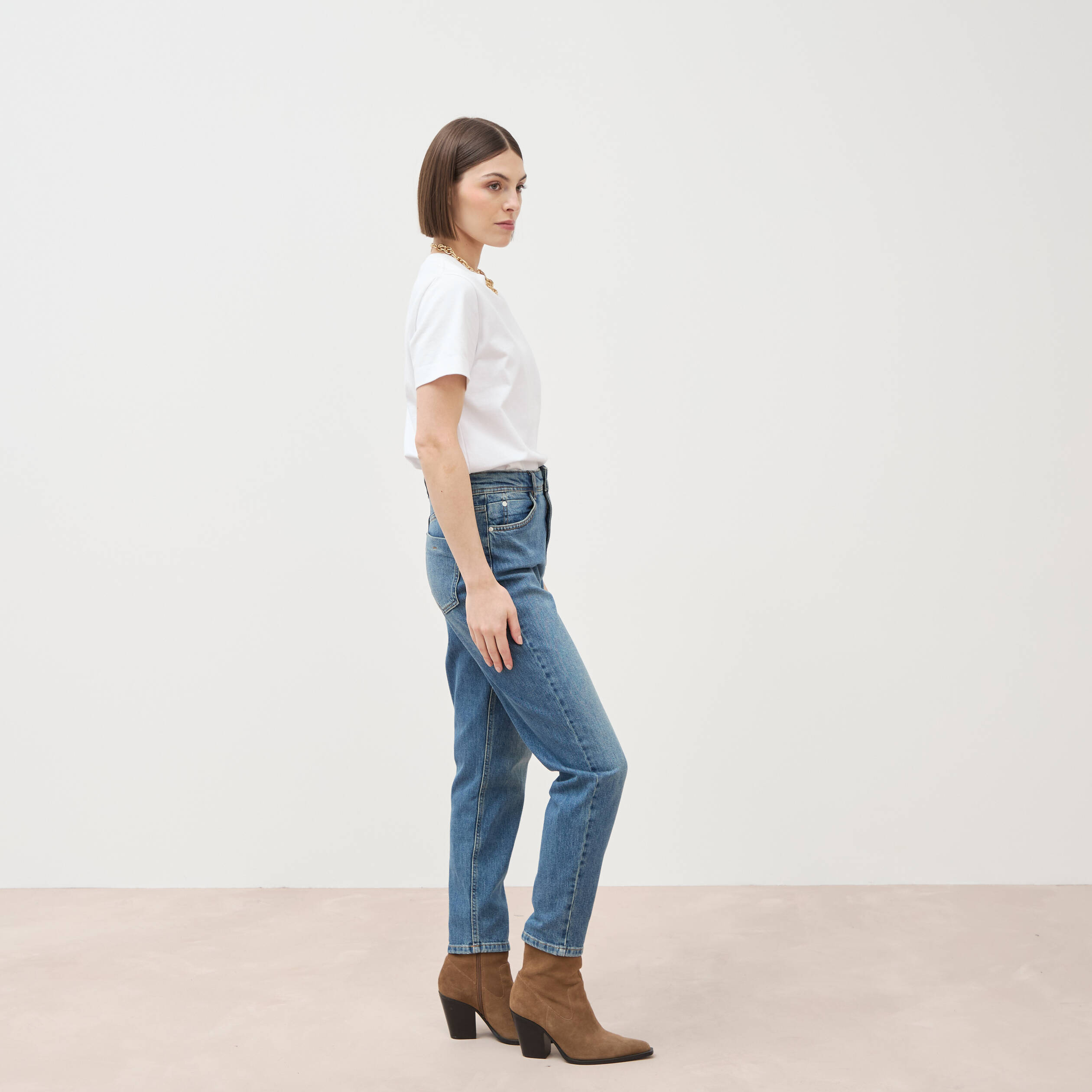 Jeans mom cropped taille haute denim dirty femme