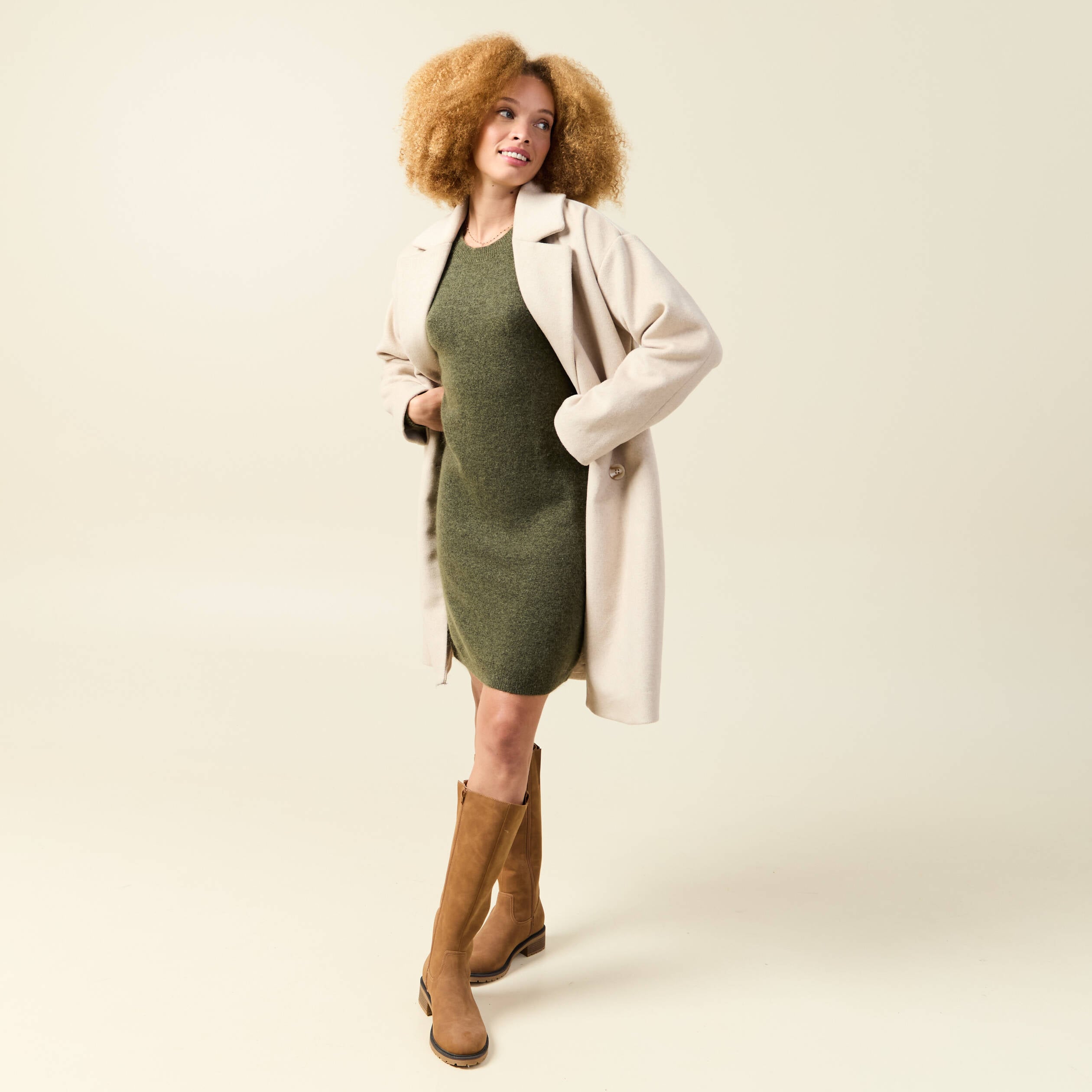 Robe manches longues vert kaki femme