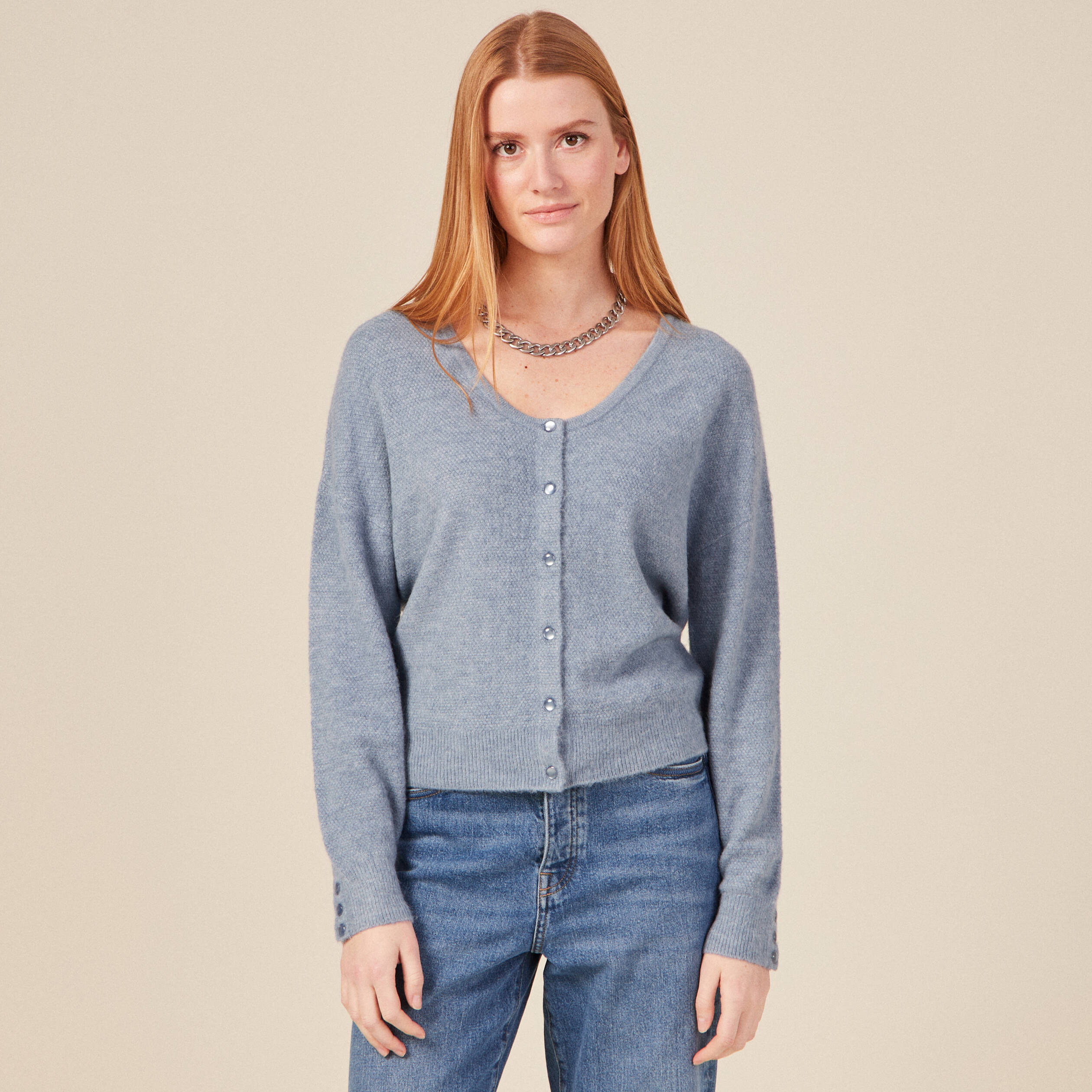 Gilet manches longues col rond bleu gris femme Bonobo