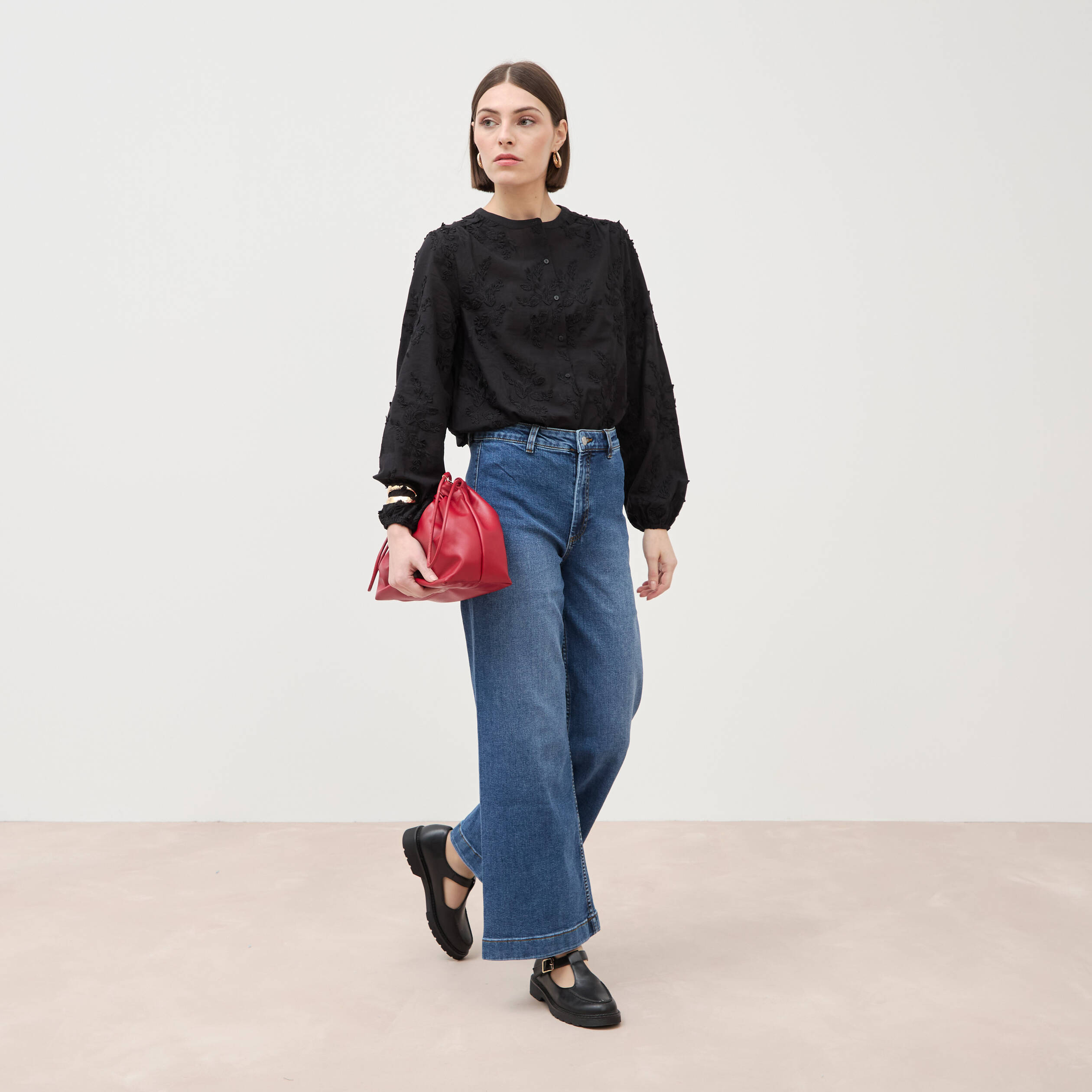 Jeans large taille haute denim stone femme
