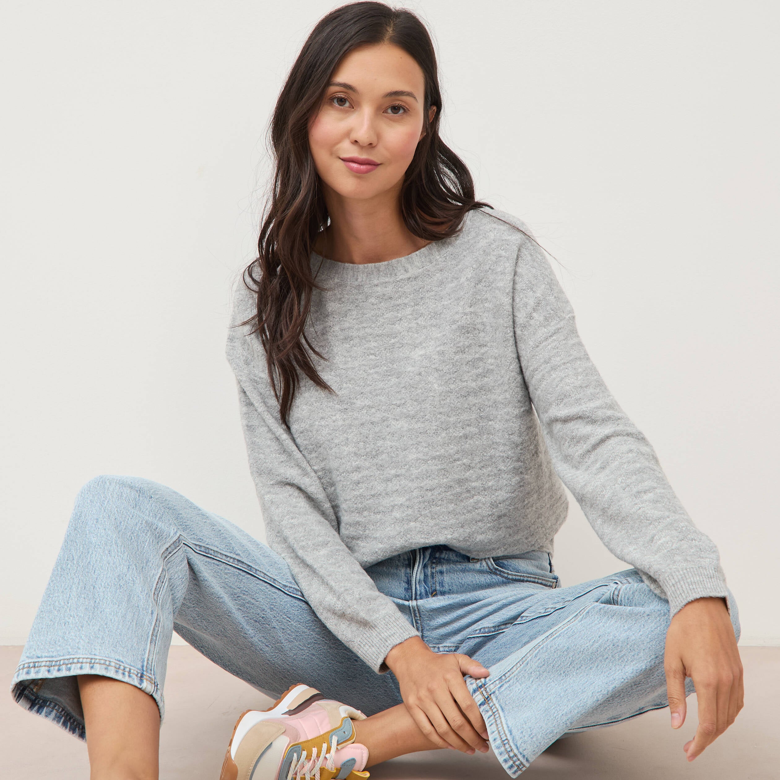 Pull manches longues col bateau gris femme