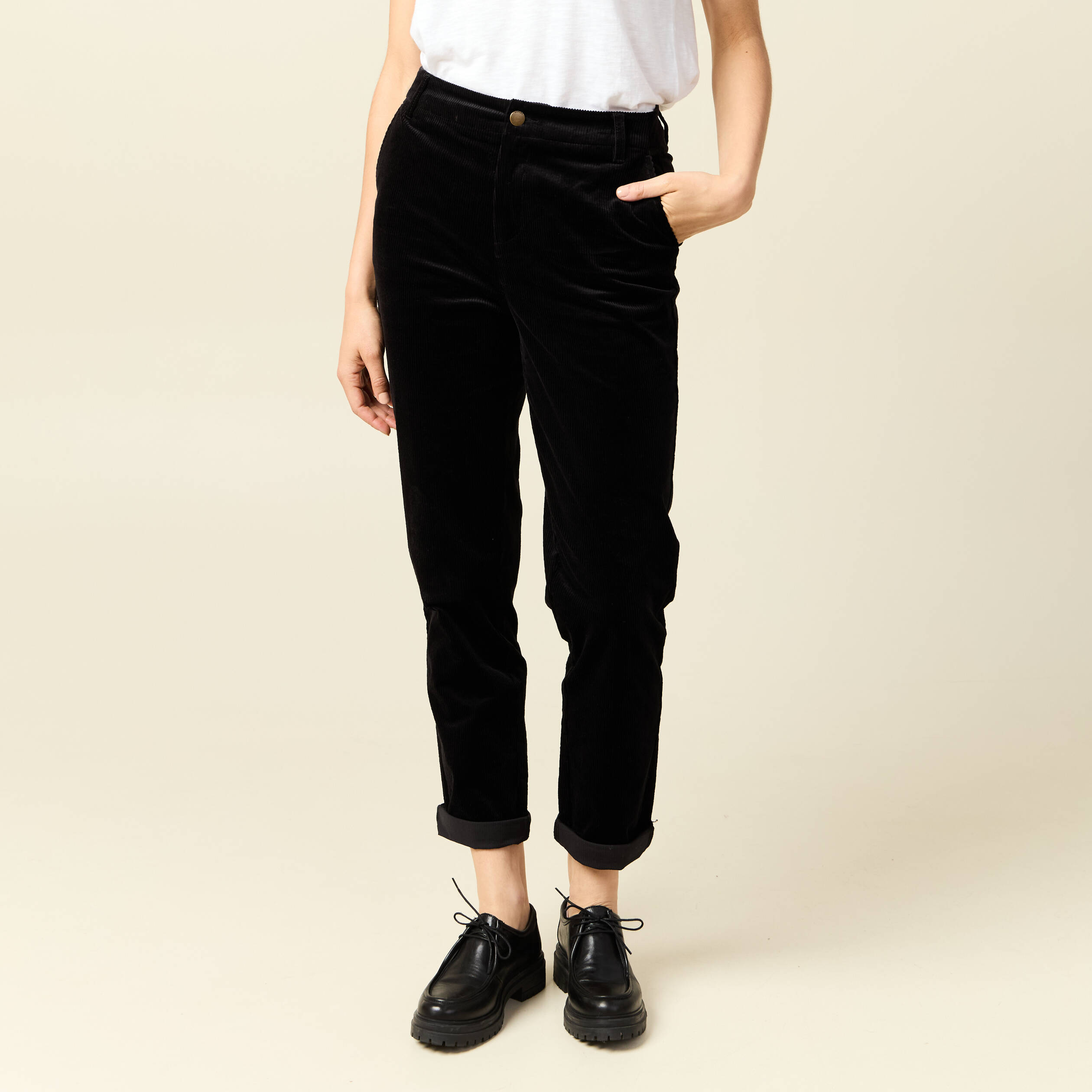 Pantalon large 7/8&egrave;me taille haute noir femme