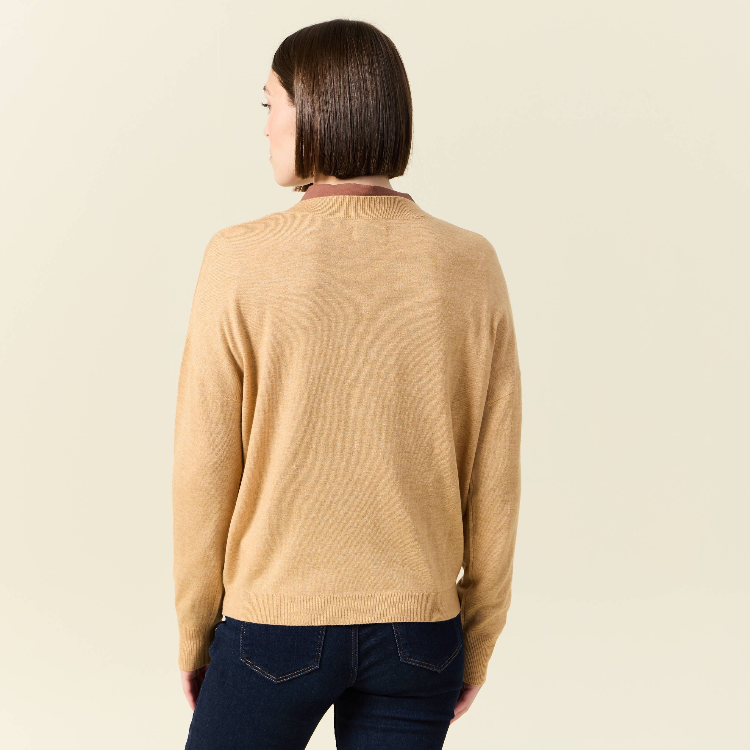 pull fin col v manches longues marron clair femme Pull fin col V manches longues marron clair femme