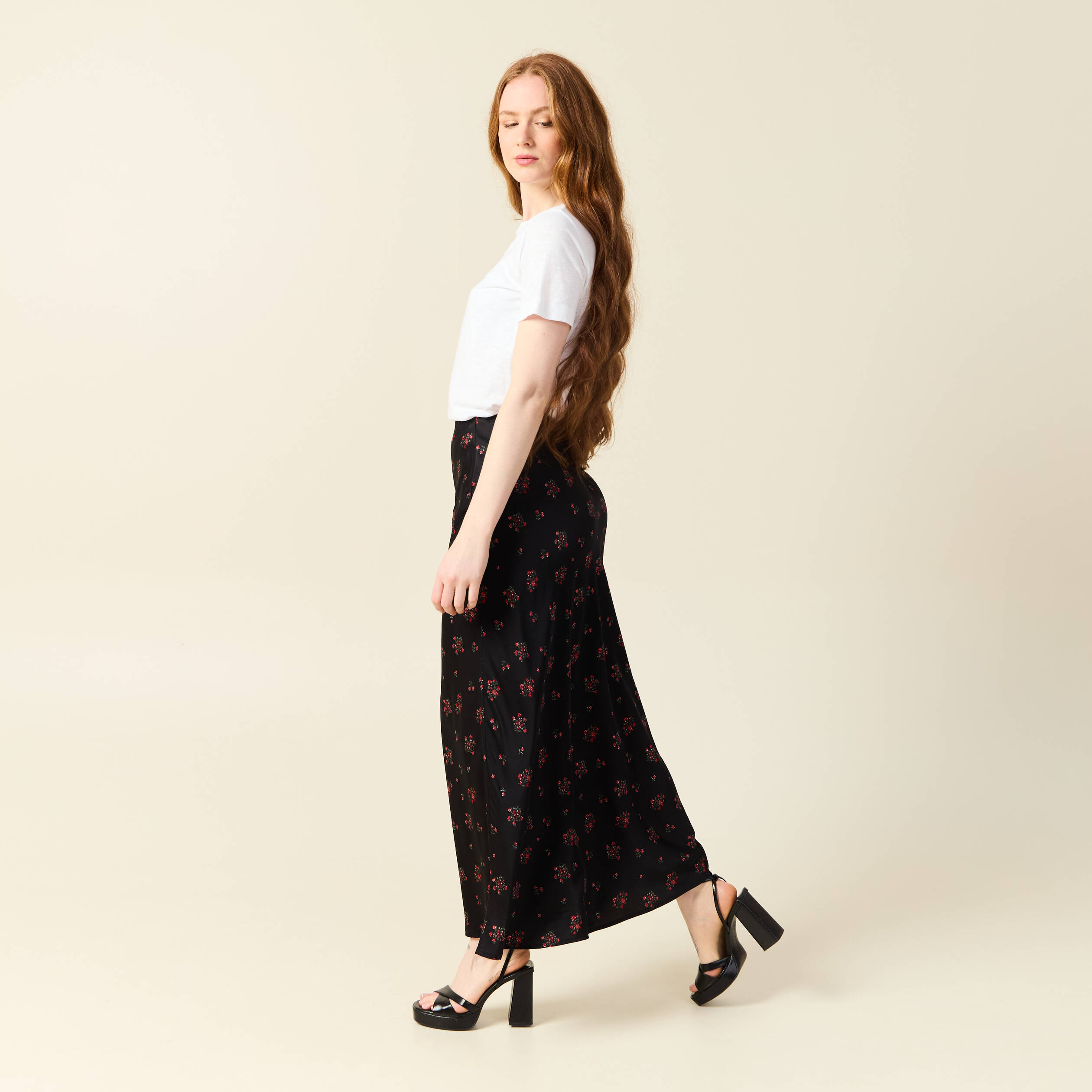 Jupe longue droite satin noir femme