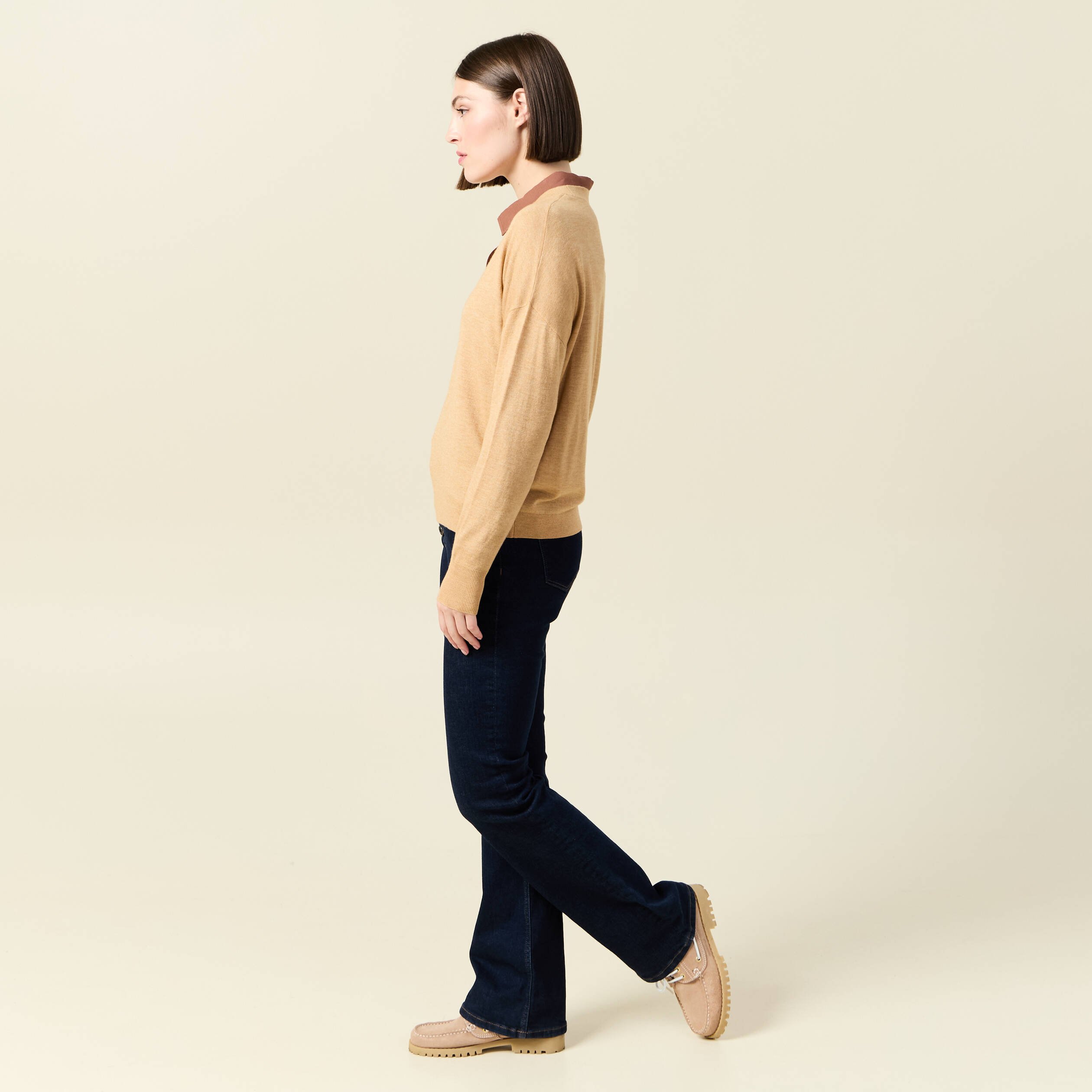 pull fin col v manches longues marron clair femme Pull fin col V manches longues marron clair femme
