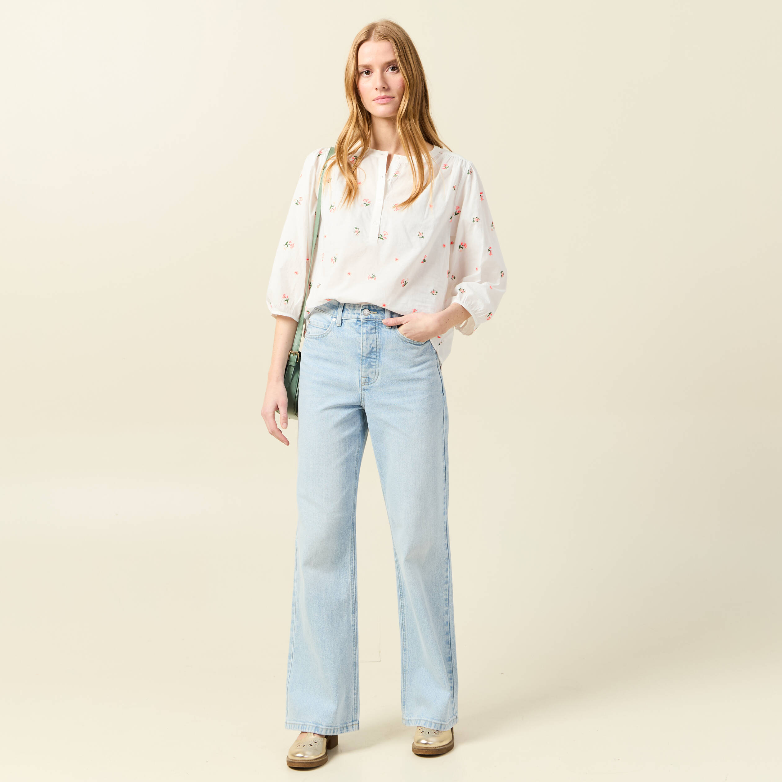 blouse manches 34 brodee blanc femme Blouse manches 3/4 brodée blanc femme