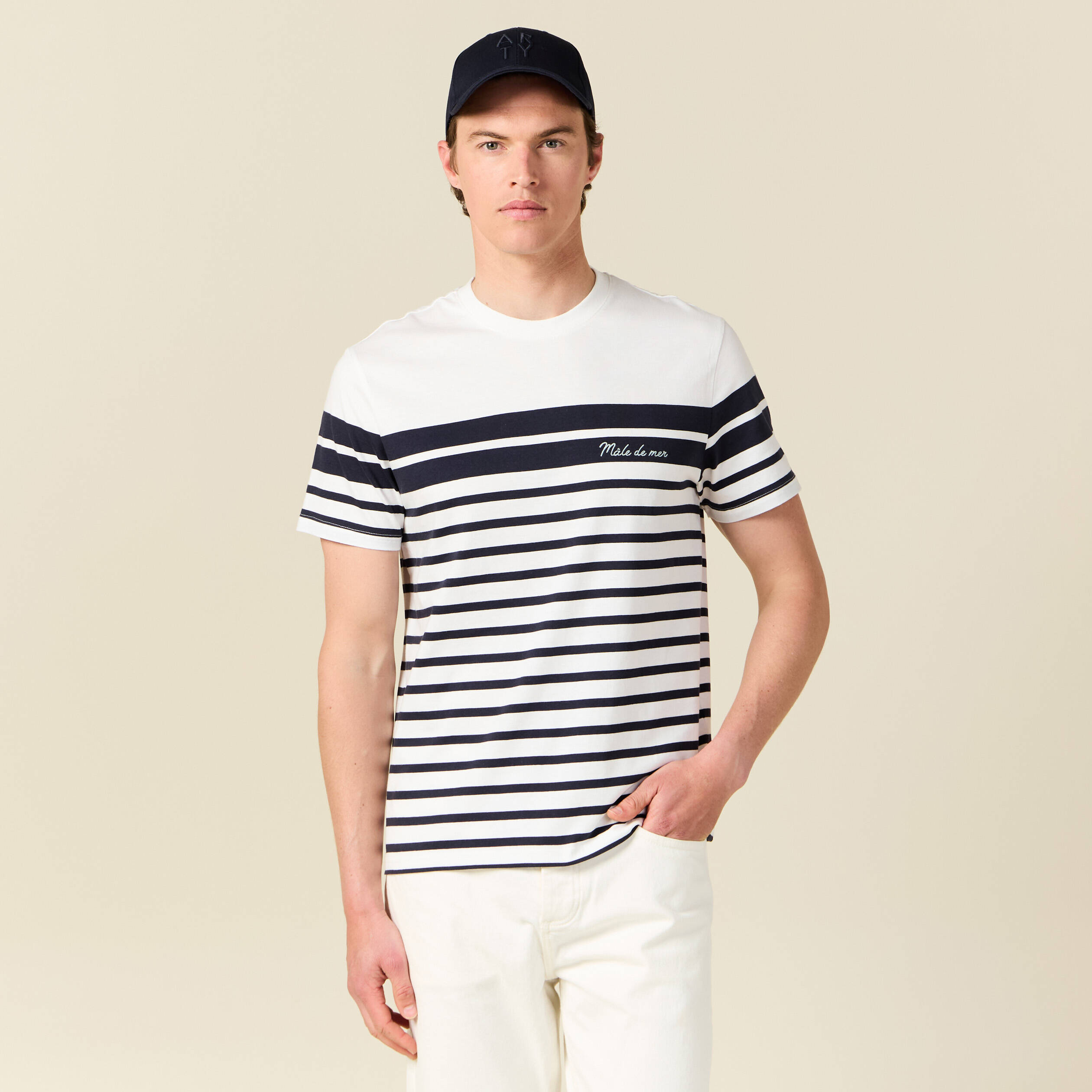 T-shirt ray&eacute; col rond manches courtes ecru homme