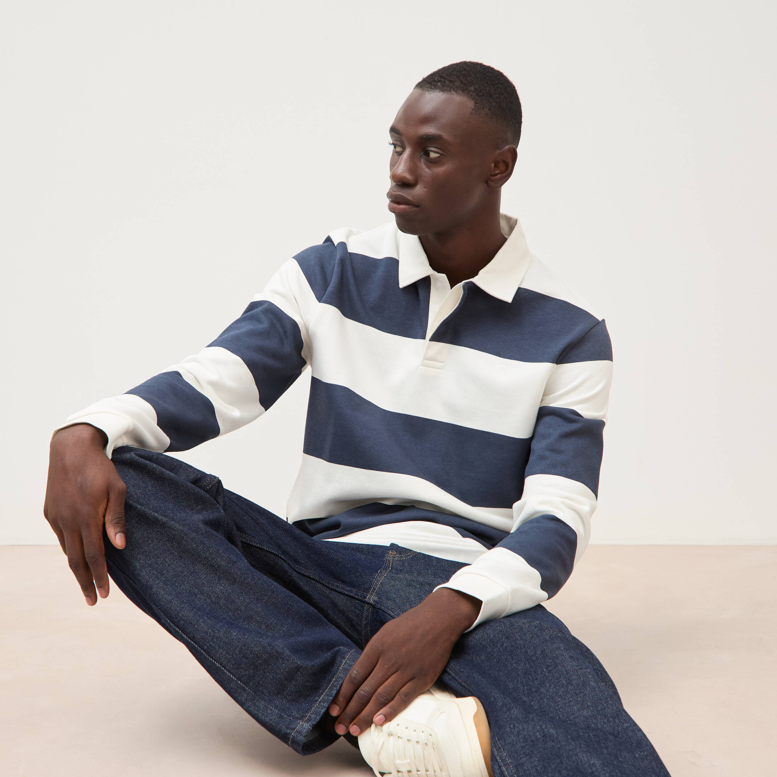 Polo manches longues broderie bleu marine homme