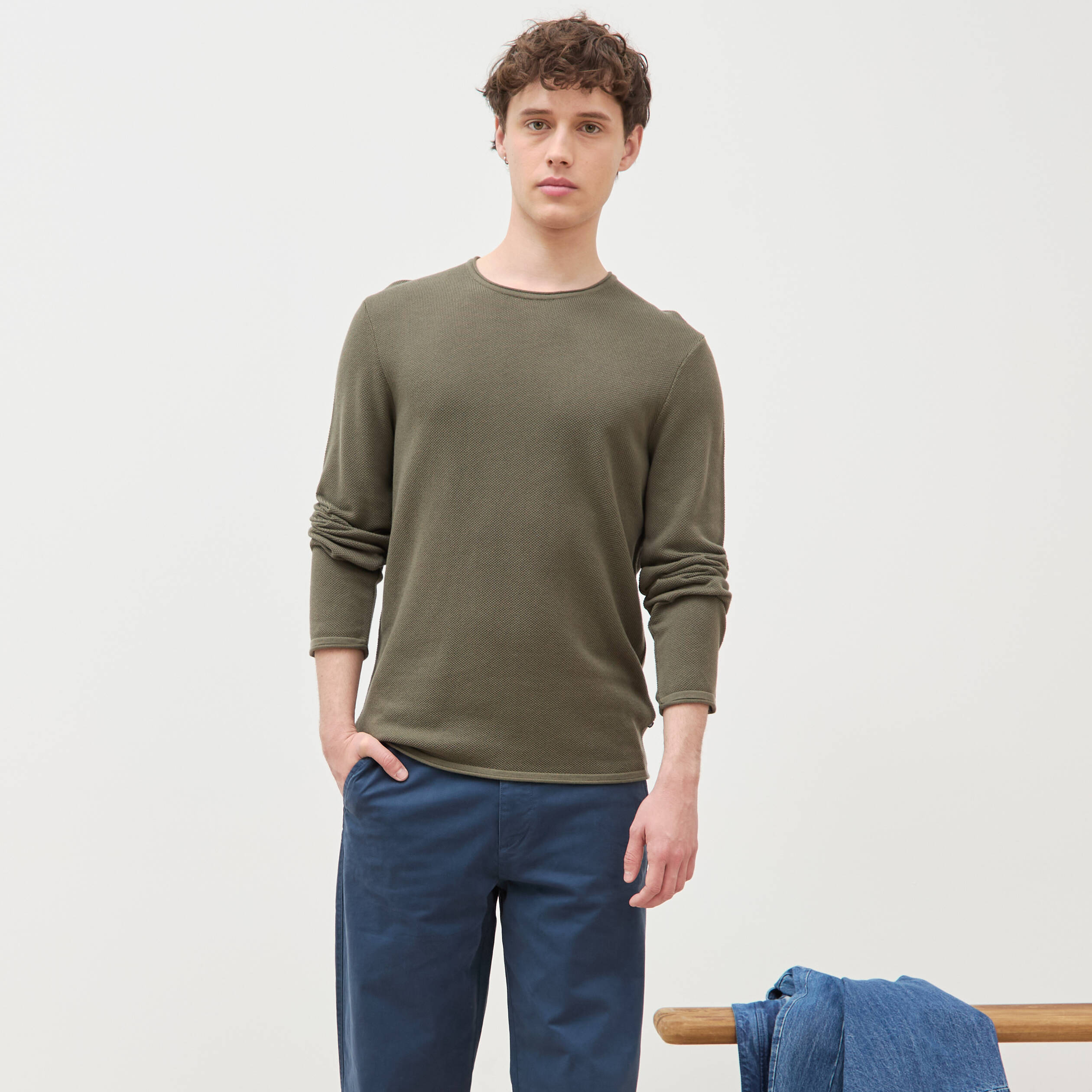 Pull col rond manches longues taupe homme