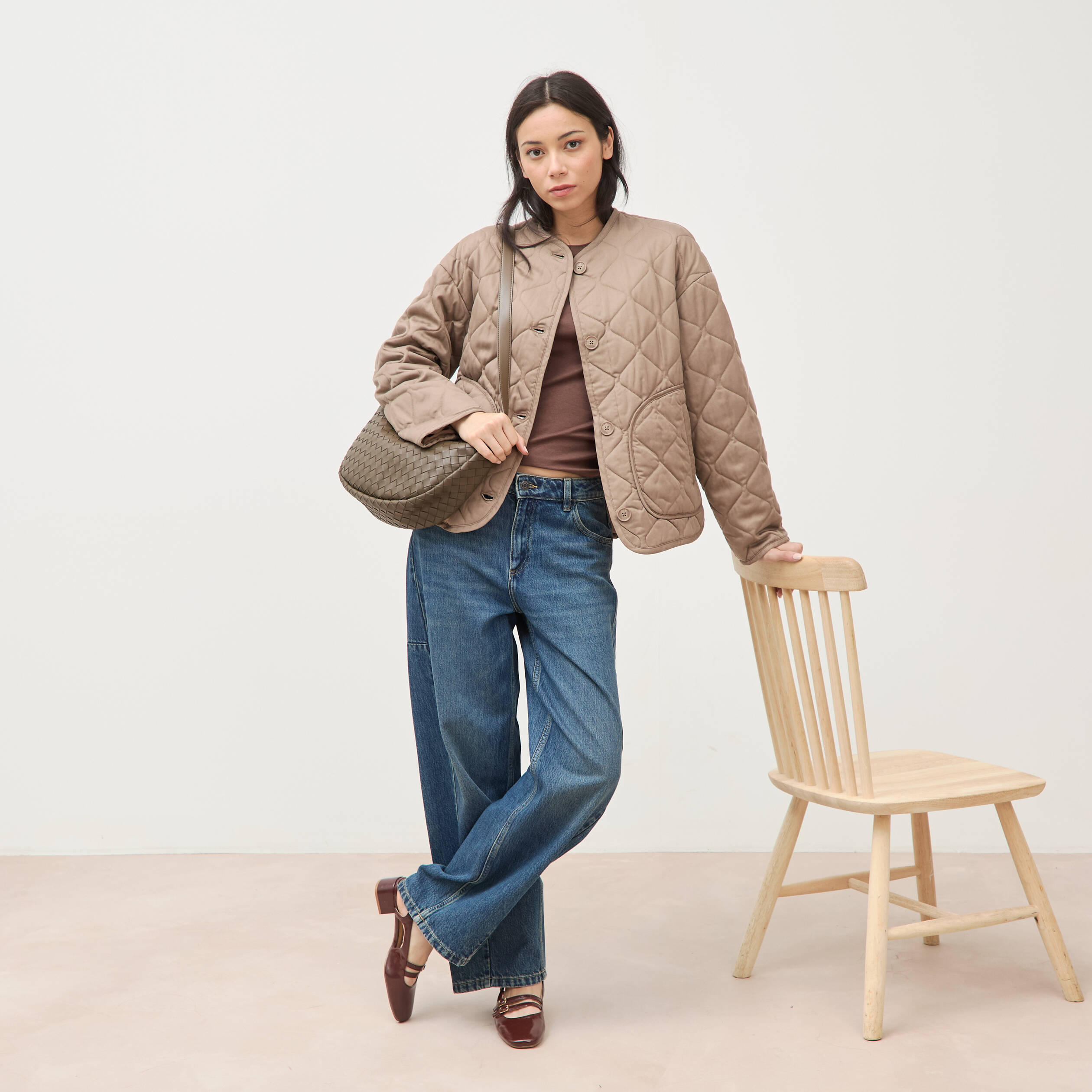 Veste oversize manches longues doubl&eacute;e taupe femme