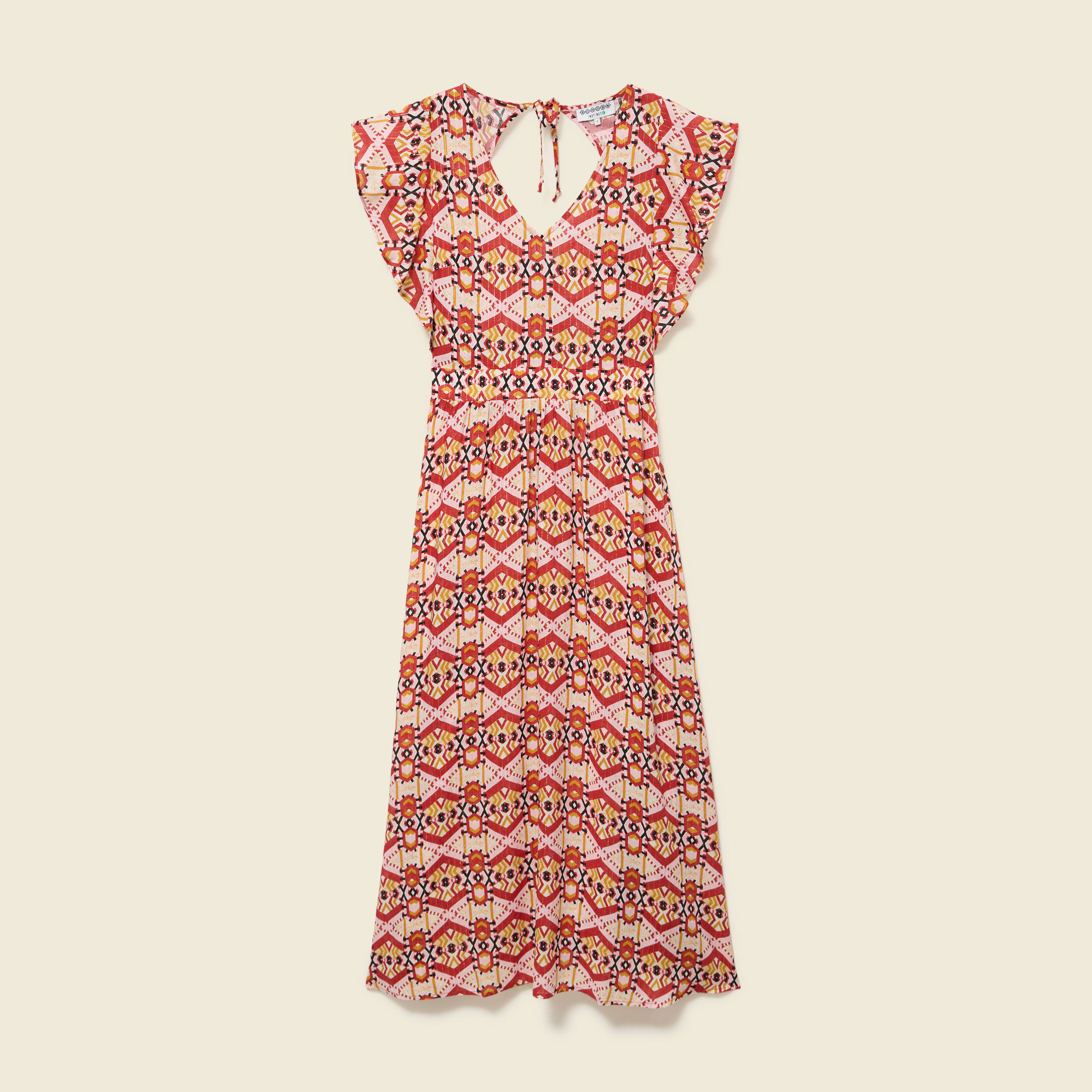 Robe longue &eacute;vas&eacute;e col v manches courtes bordeaux femme