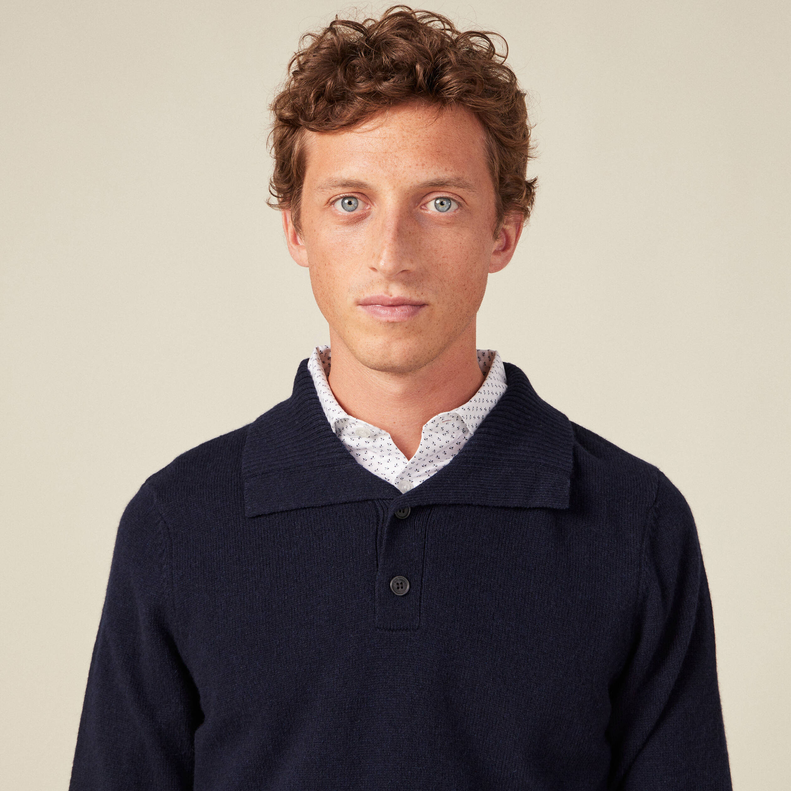 Pull manches longues col polo bleu marine homme