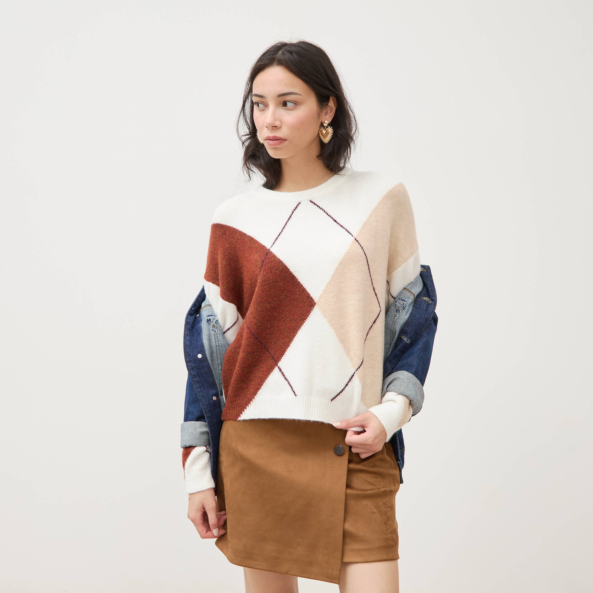 Pull col rond manches longues ecru femme