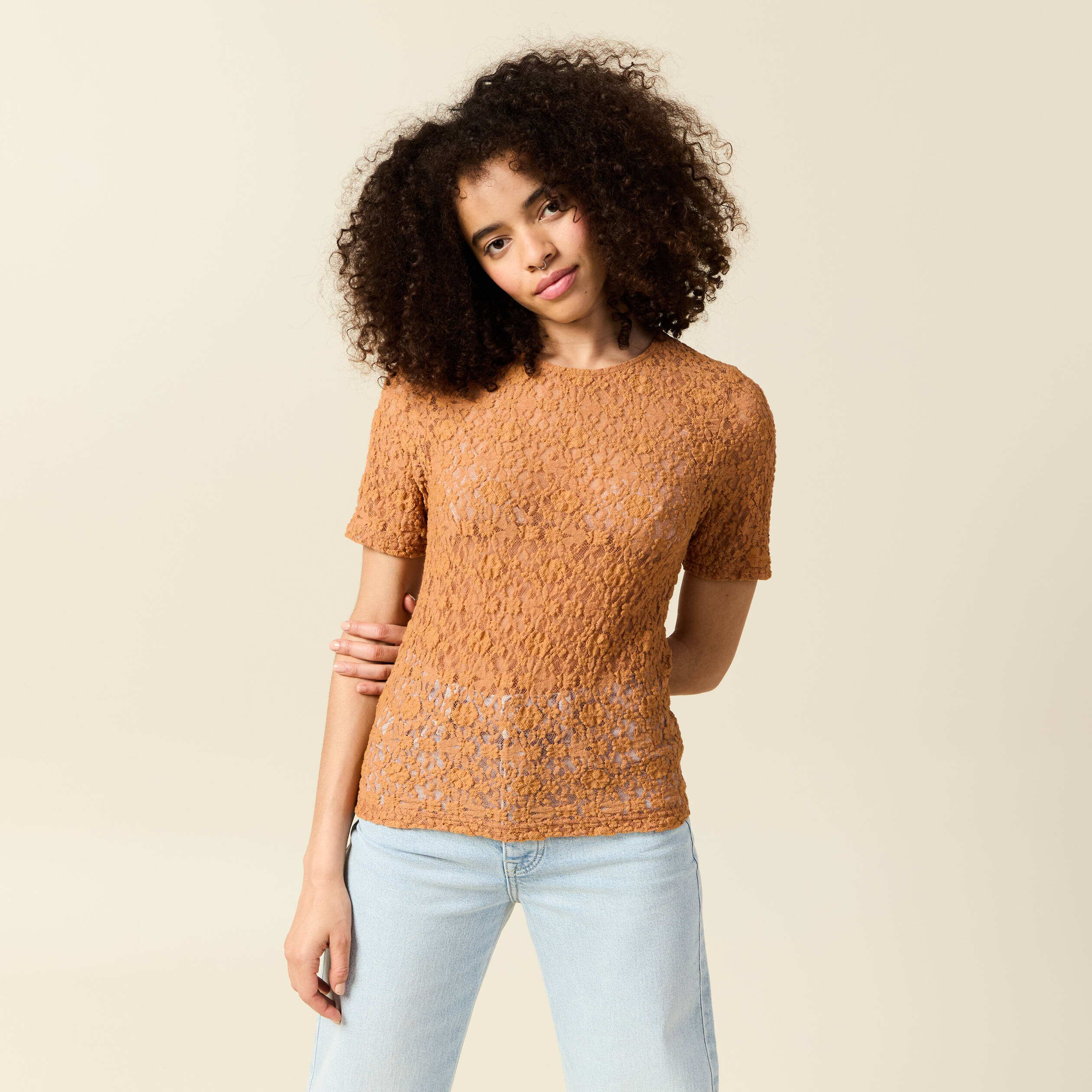 t shirt cintre col rond dentelle terracotta femme T-shirt cintré col rond dentelle terracotta femme