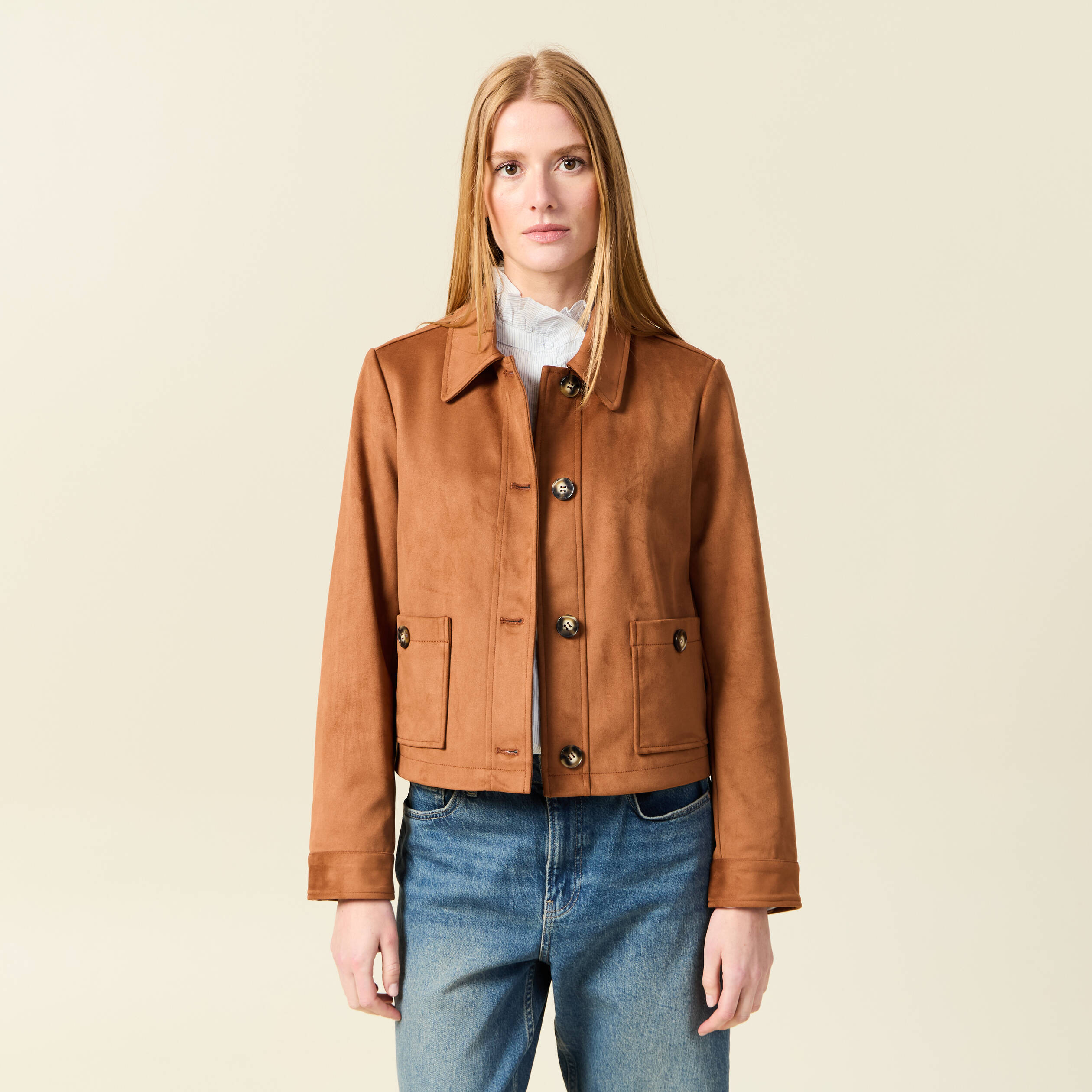 Veste manches longues col classique camel femme