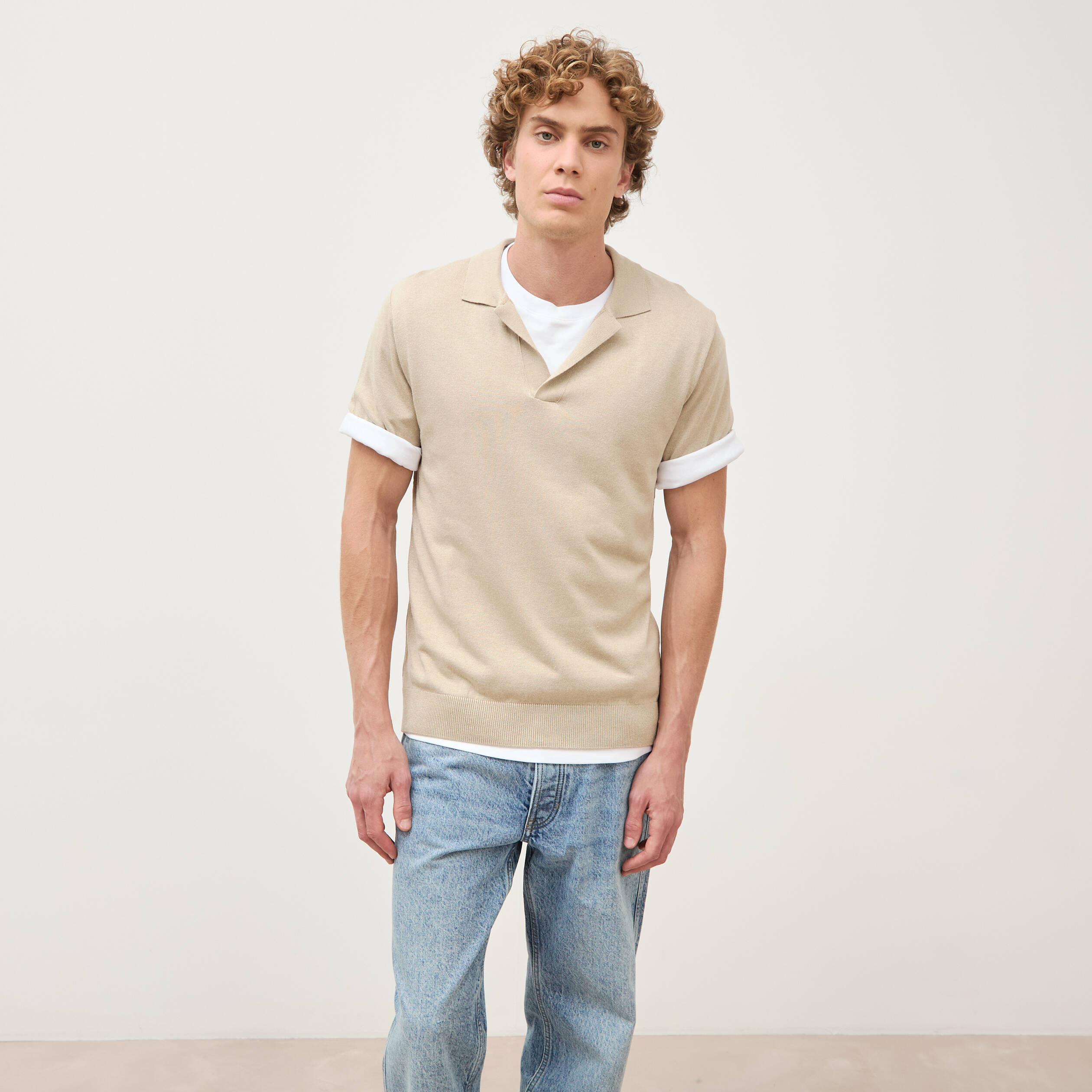Polo manches courtes col cubain beige homme