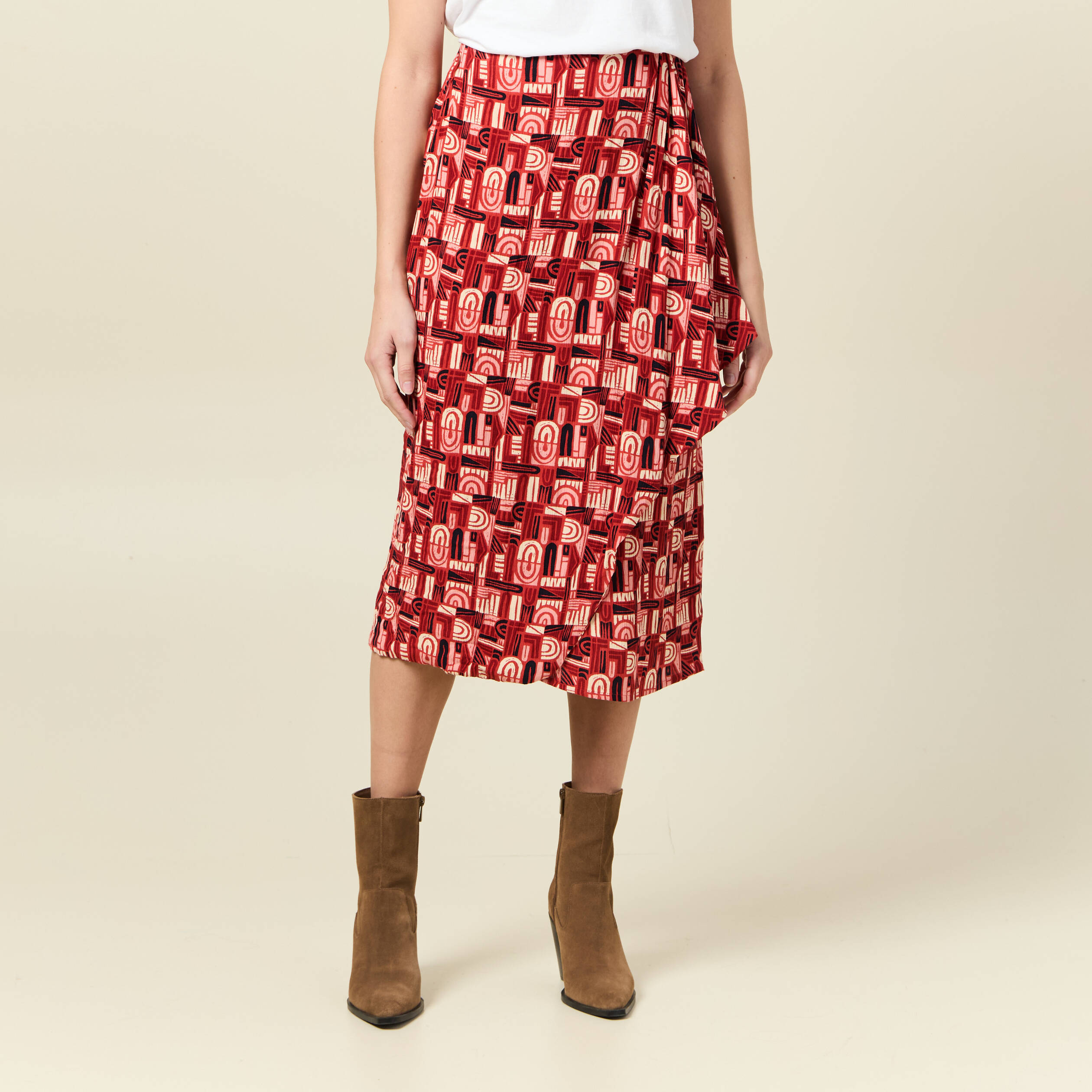 Jupe midi portefeuille fluide rouge fonc&eacute; femme