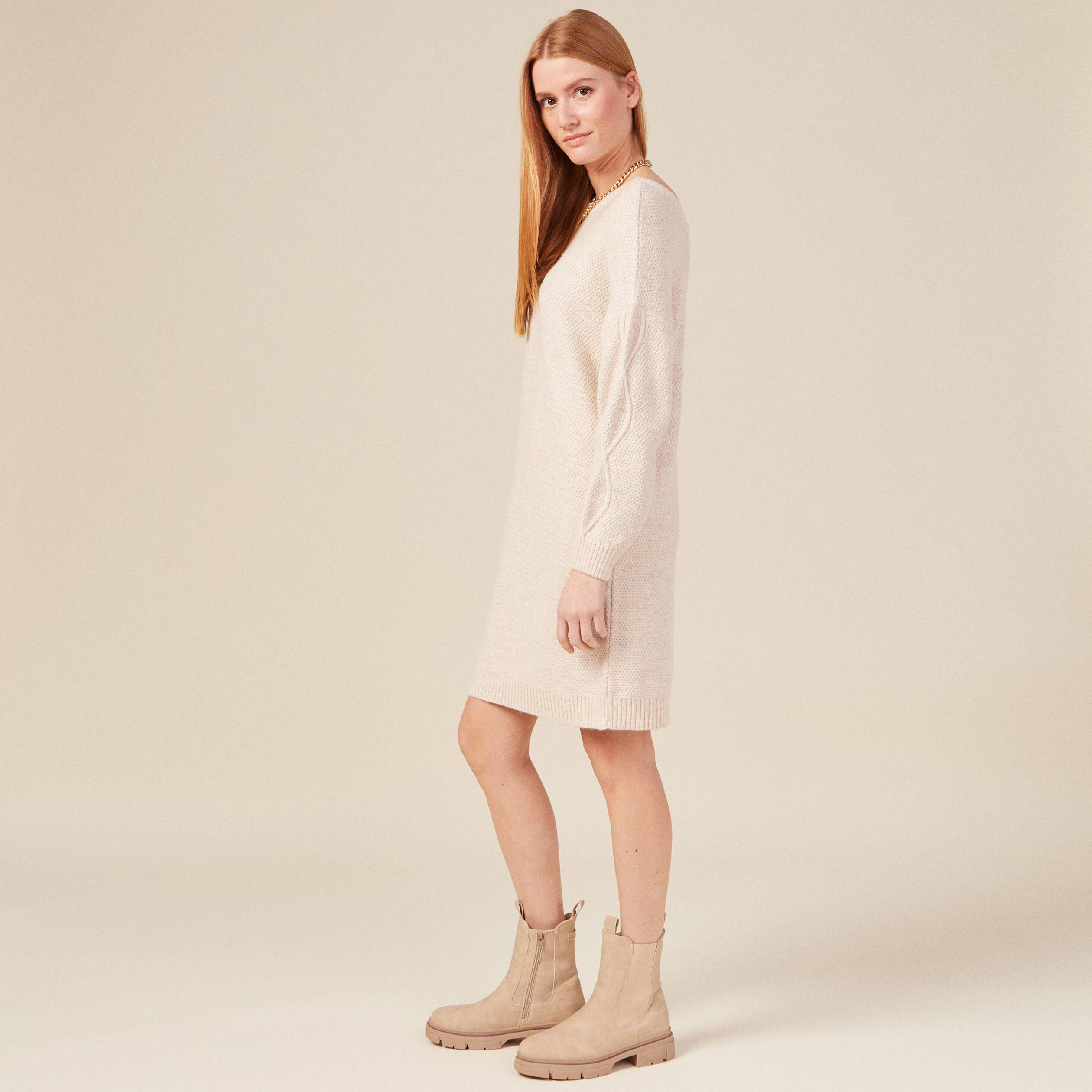 Robe pull droite torsades creme femme
