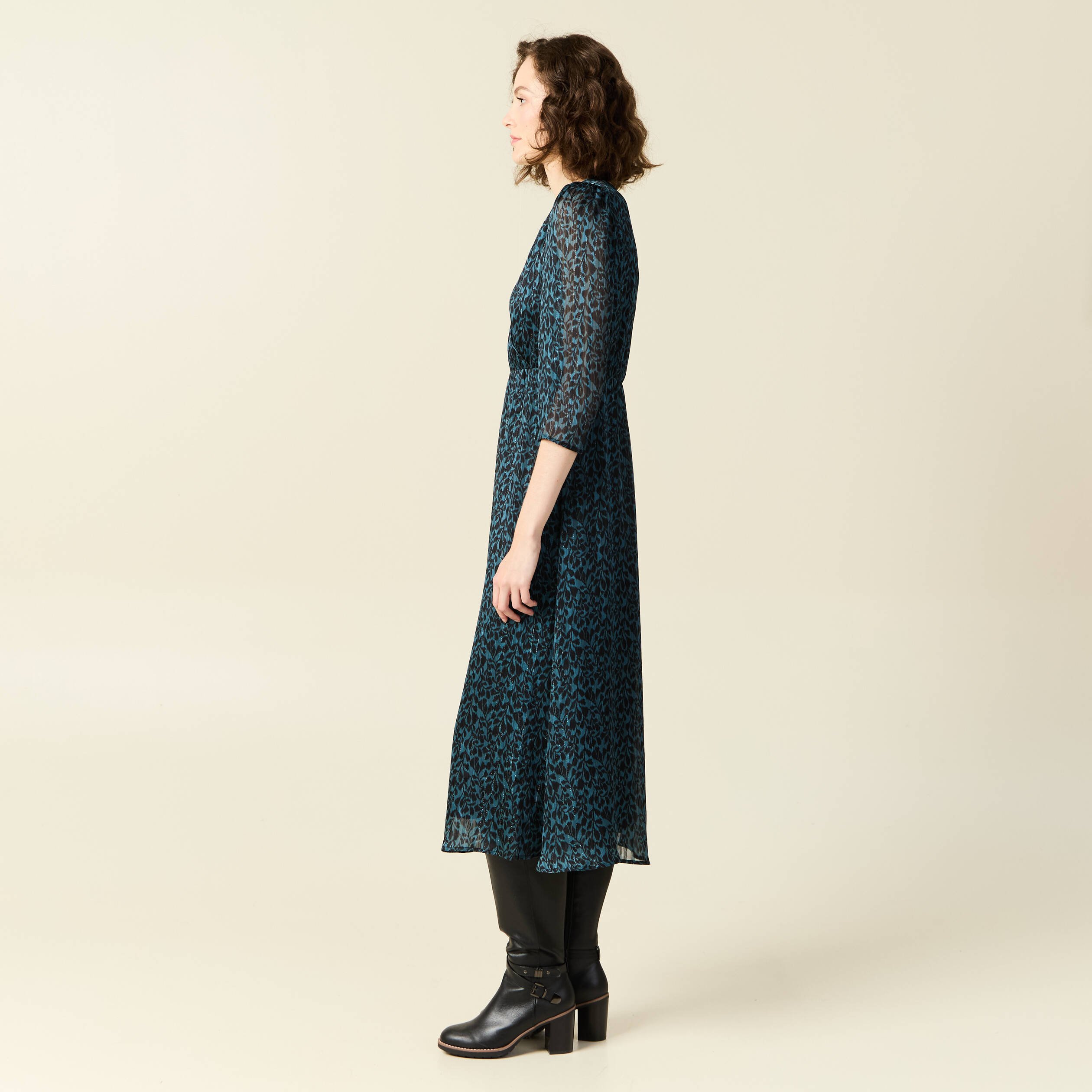 robe longue evasee manches 34 bleu canard femme Robe longue évasée manches 3/4 bleu canard femme