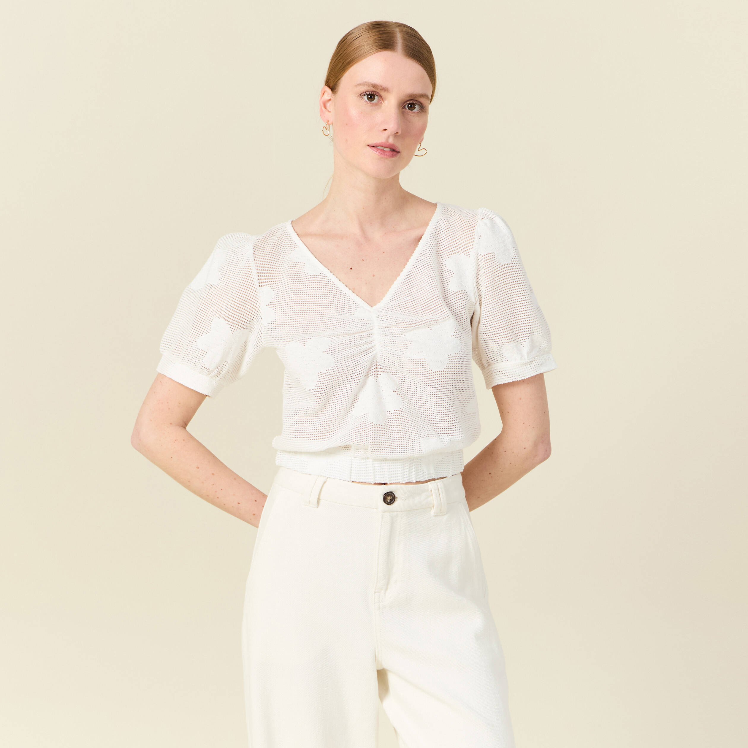 t shirt manches courtes ajoure creme femme T-shirt manches courtes ajouré creme femme