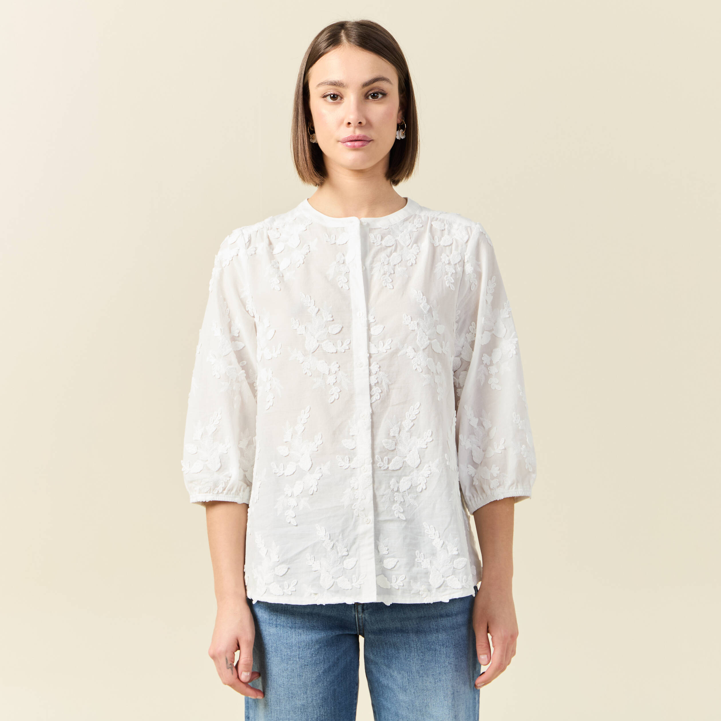 chemise manches 34 brodee ecru femme Chemise manches 3/4 brodée ecru femme