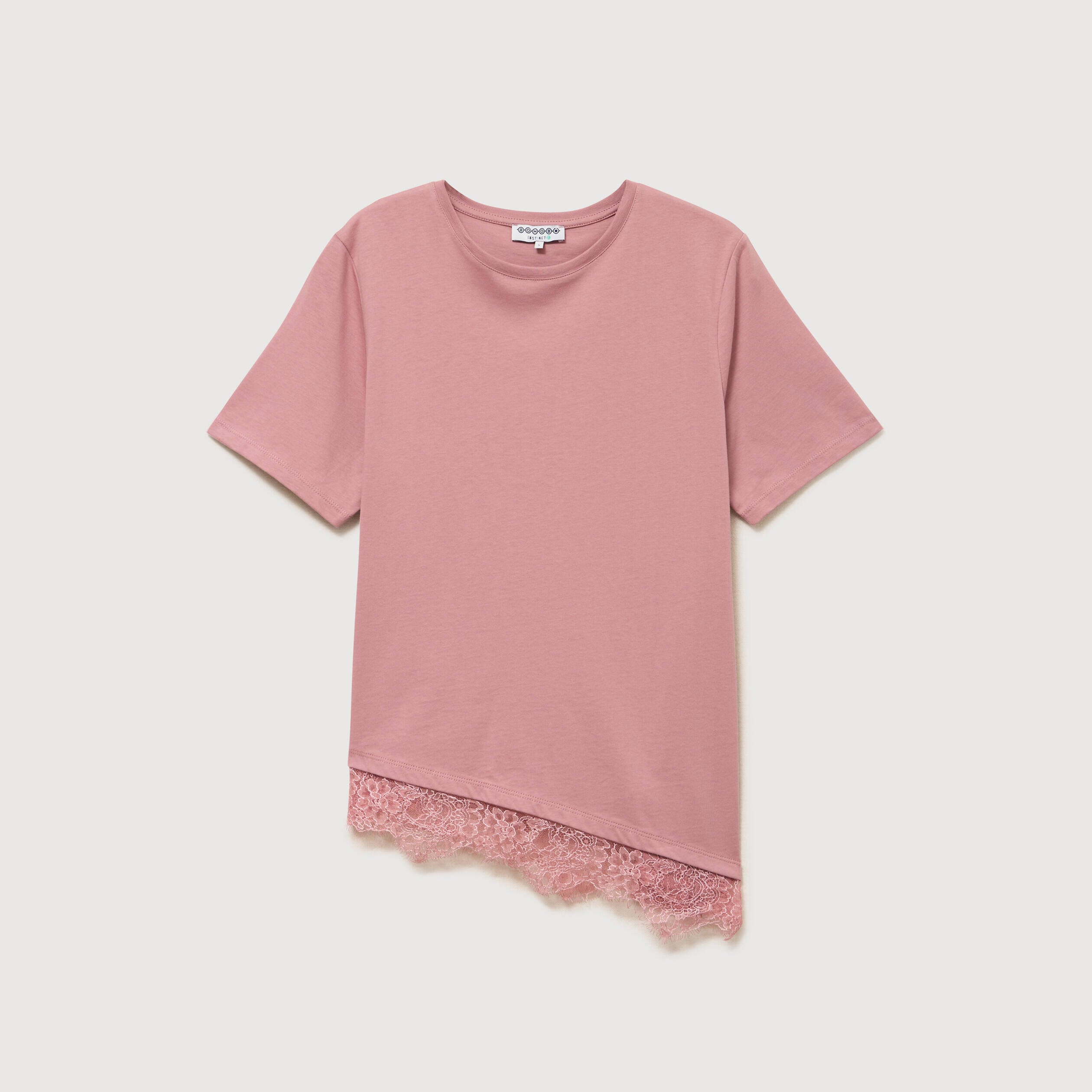 T-shirt droit col rond avec dentelle vieux rose femme