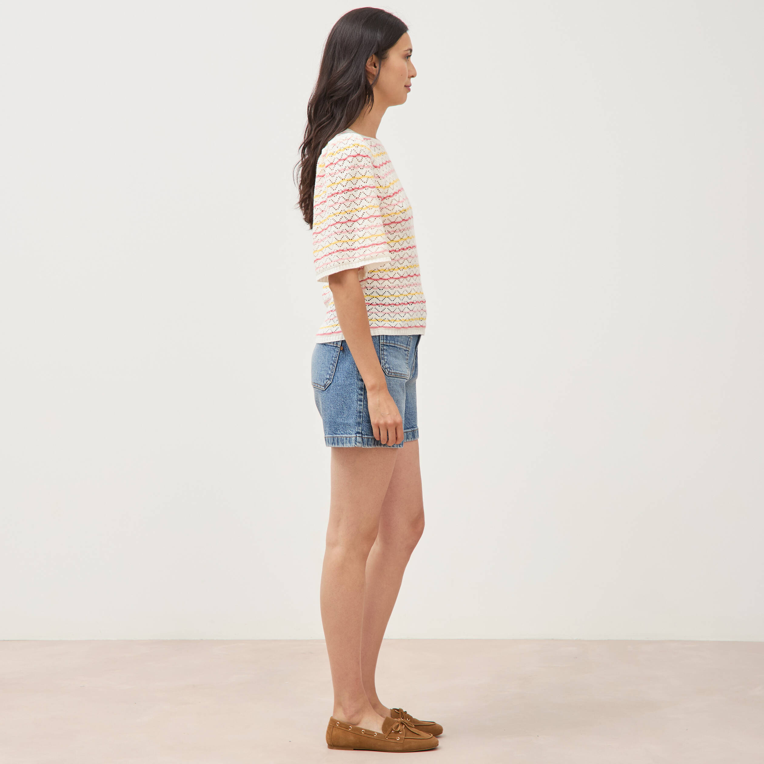 Pull col bateau manches courtes rose femme