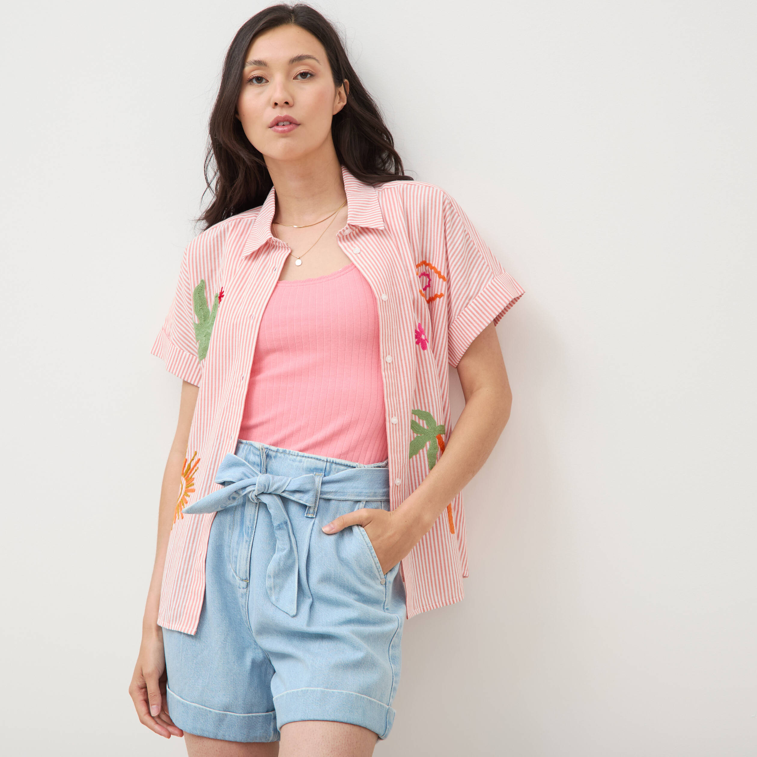 Chemise ample en coton &agrave; broderie orange abricot femme
