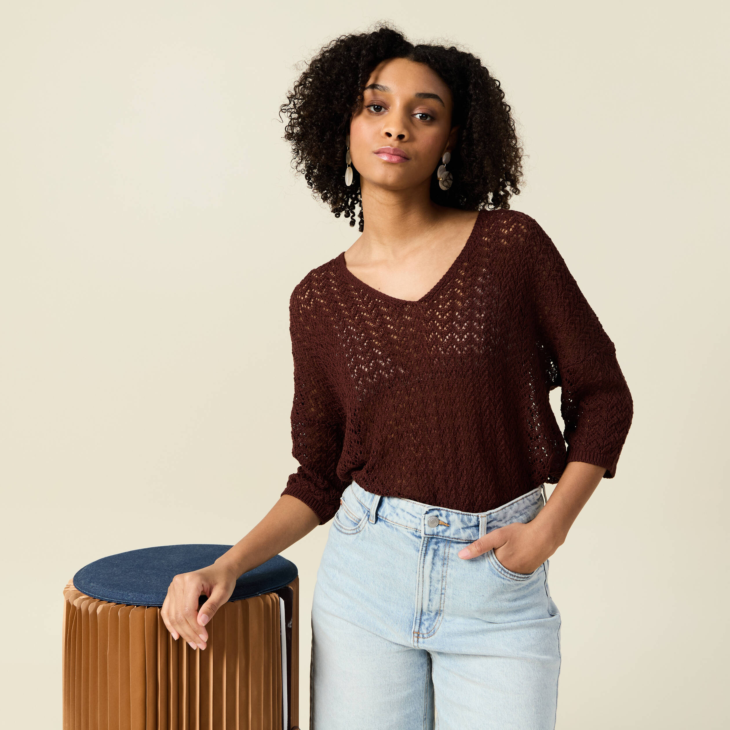pull manches 34 ajoure bordeaux femme Pull manches 3/4 ajouré bordeaux femme