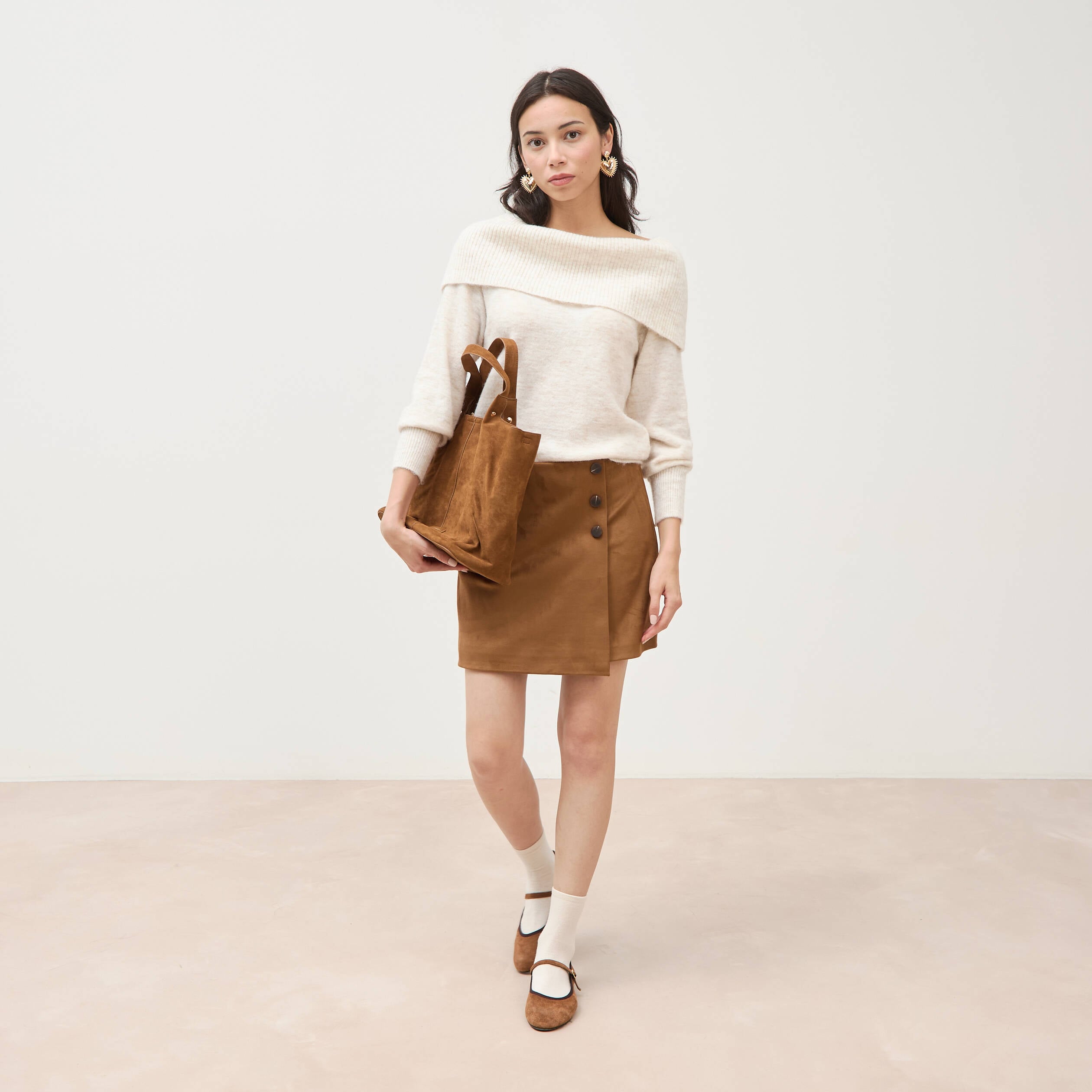 Pull droit manches longues bardot ecru femme