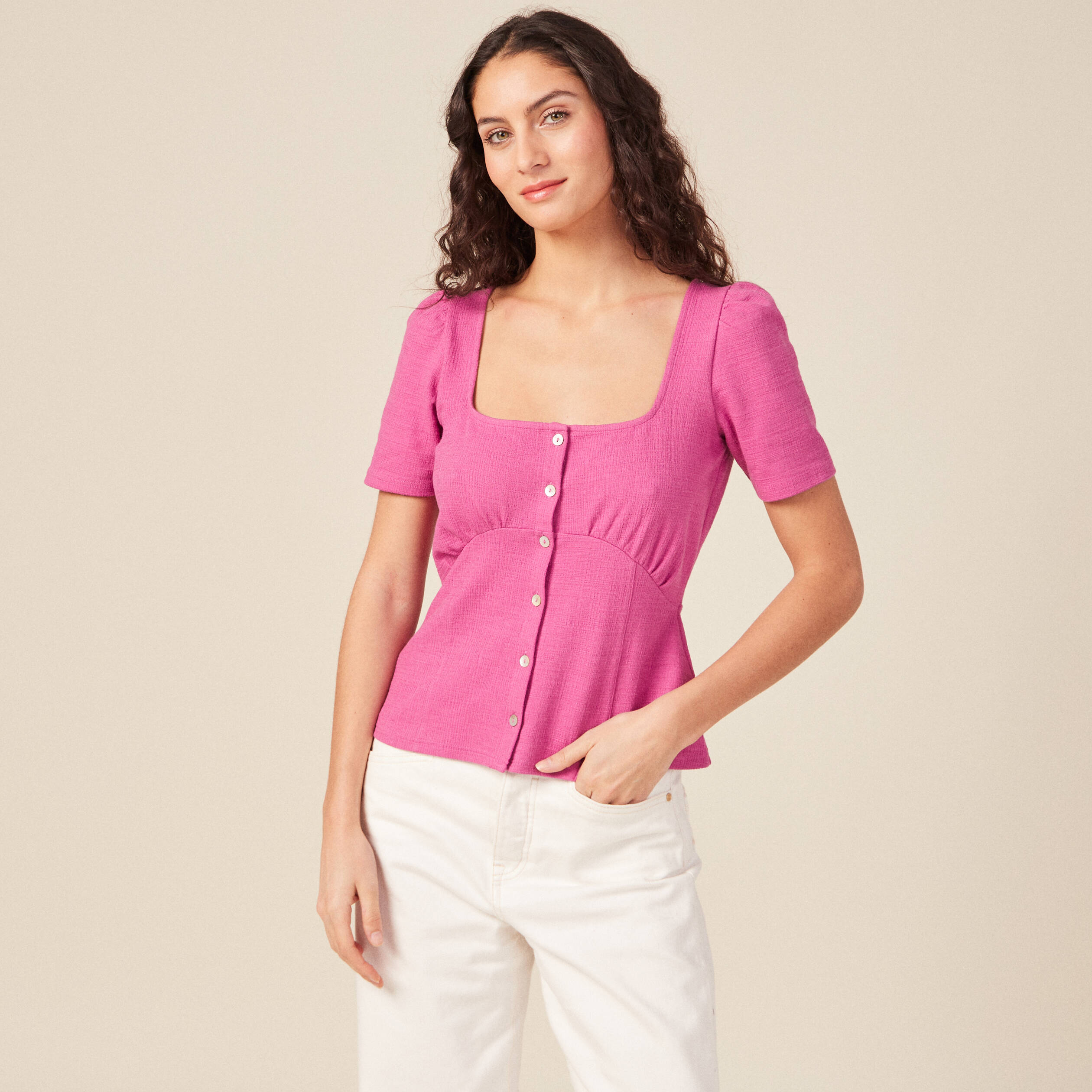 t shirt manches courtes rose framboise femme T-shirt manches courtes rose framboise femme