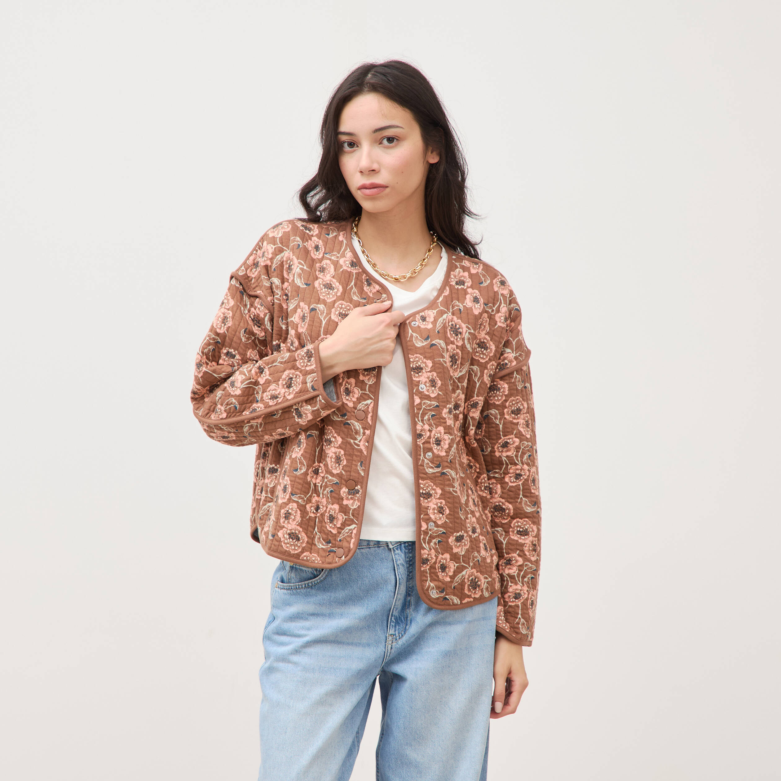 Veste droite manches longues col rond camel femme